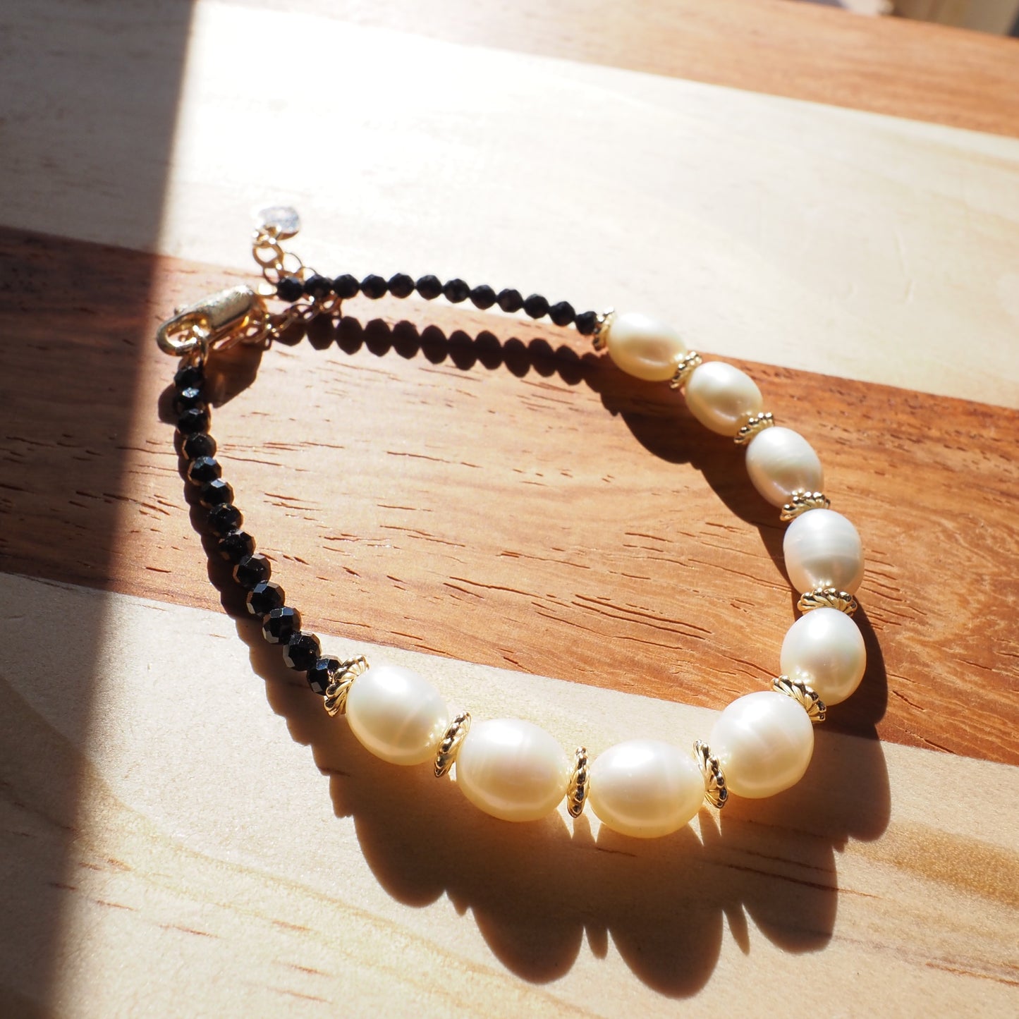 Black Spinel and Freshwater Pearl Bracelet, Gold Plated