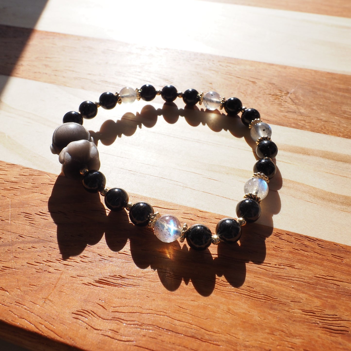 Natural Black Tourmaline and Labradorite with Silver Sheen Obsidian Spaceman Gemstone Bead Bracelet 6mm