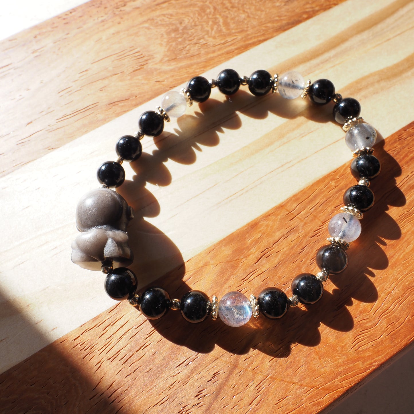 Natural Black Tourmaline and Labradorite with Silver Sheen Obsidian Spaceman Gemstone Bead Bracelet 6mm