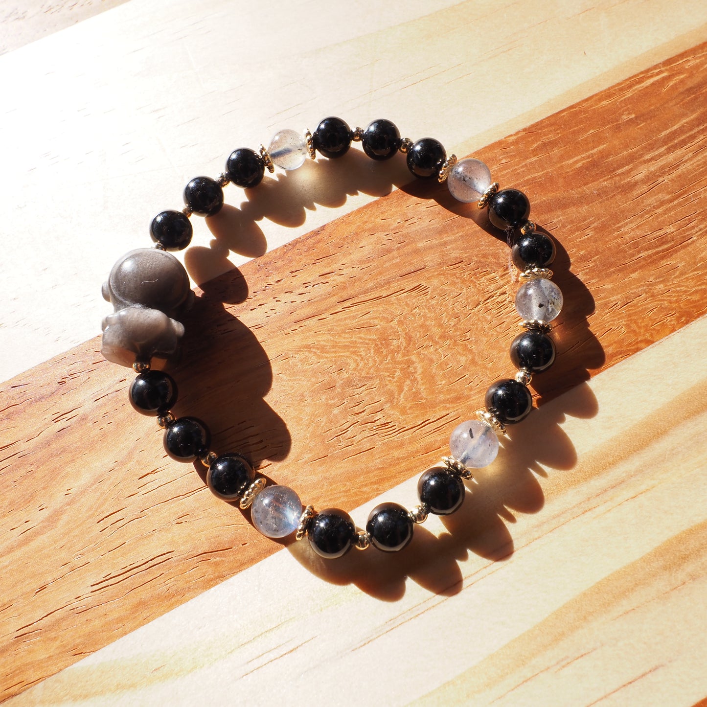 Natural Black Tourmaline and Labradorite with Silver Sheen Obsidian Spaceman Gemstone Bead Bracelet 6mm