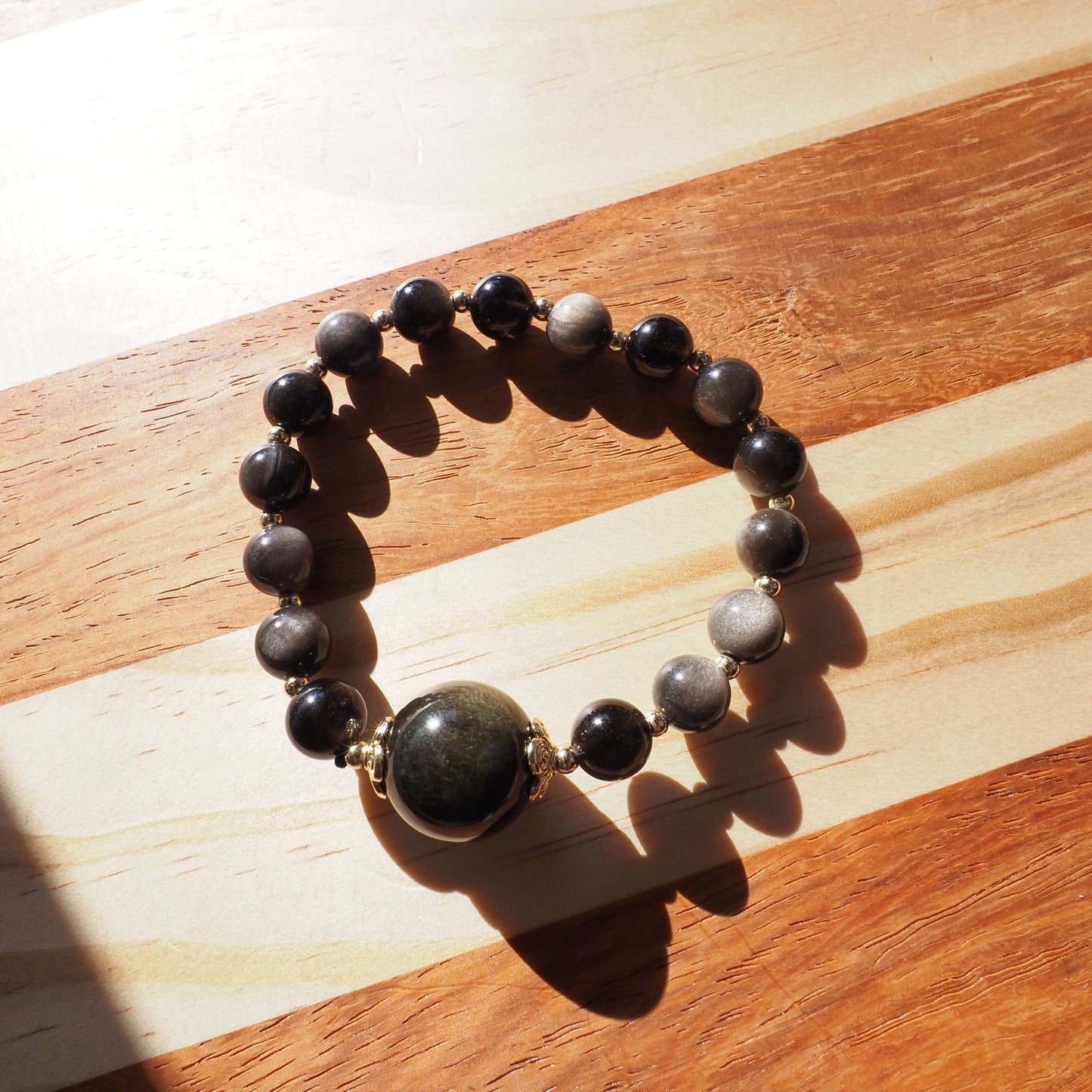 Natural Rainbow Obsidian with 16mm Round Gold Sheen Obsidian Bead Bracelet 8mm