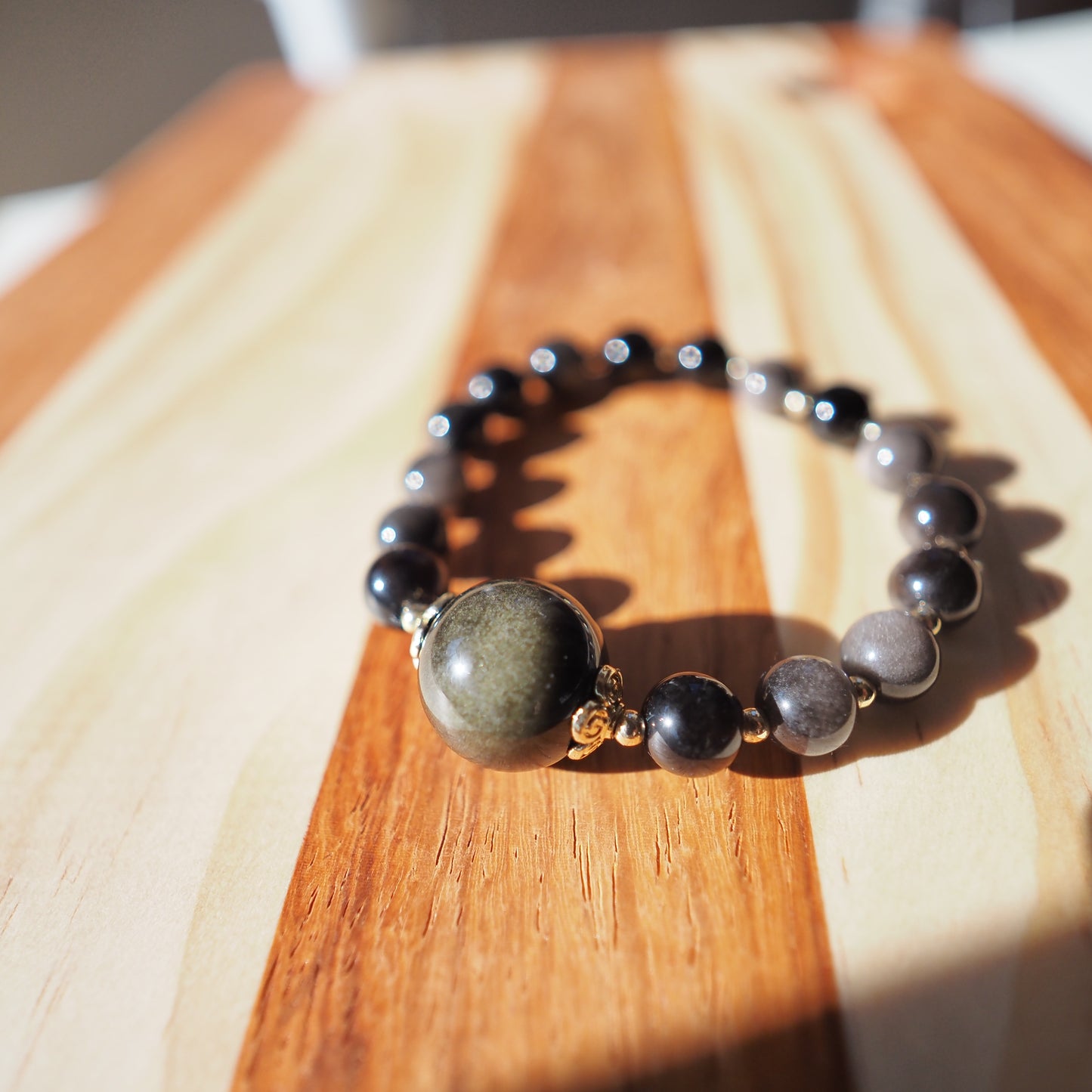 Natural Rainbow Obsidian with 16mm Round Gold Sheen Obsidian Bead Bracelet 8mm