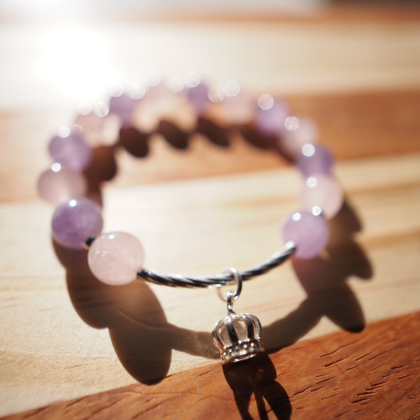 Natural Lavender Amethyst and Rose Quartz and Clear Quartz S925 Silver Crown Charm Bracelet 9.5mm