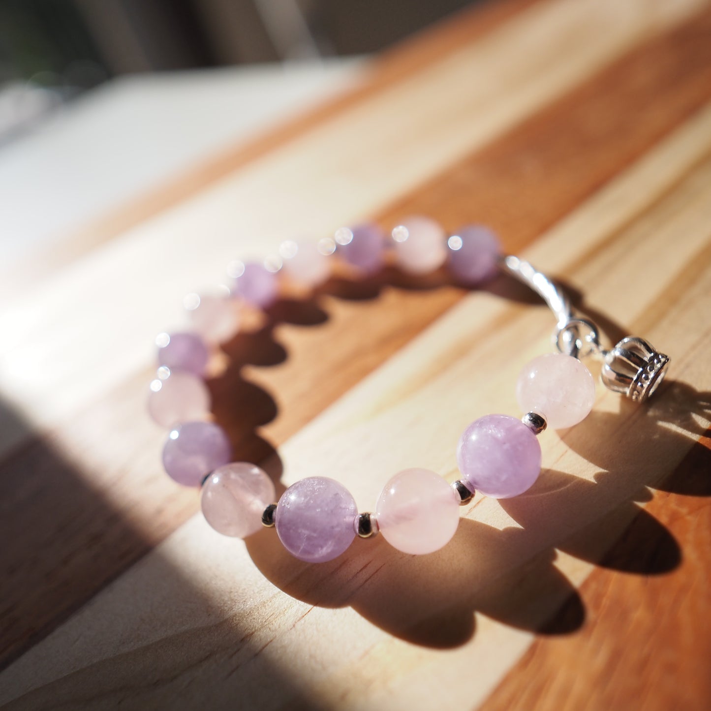 Natural Lavender Amethyst and Rose Quartz and Clear Quartz S925 Silver Crown Charm Bracelet 9.5mm