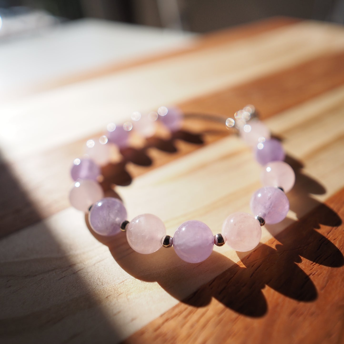 Natural Lavender Amethyst and Rose Quartz and Clear Quartz S925 Silver Crown Charm Bracelet 9.5mm