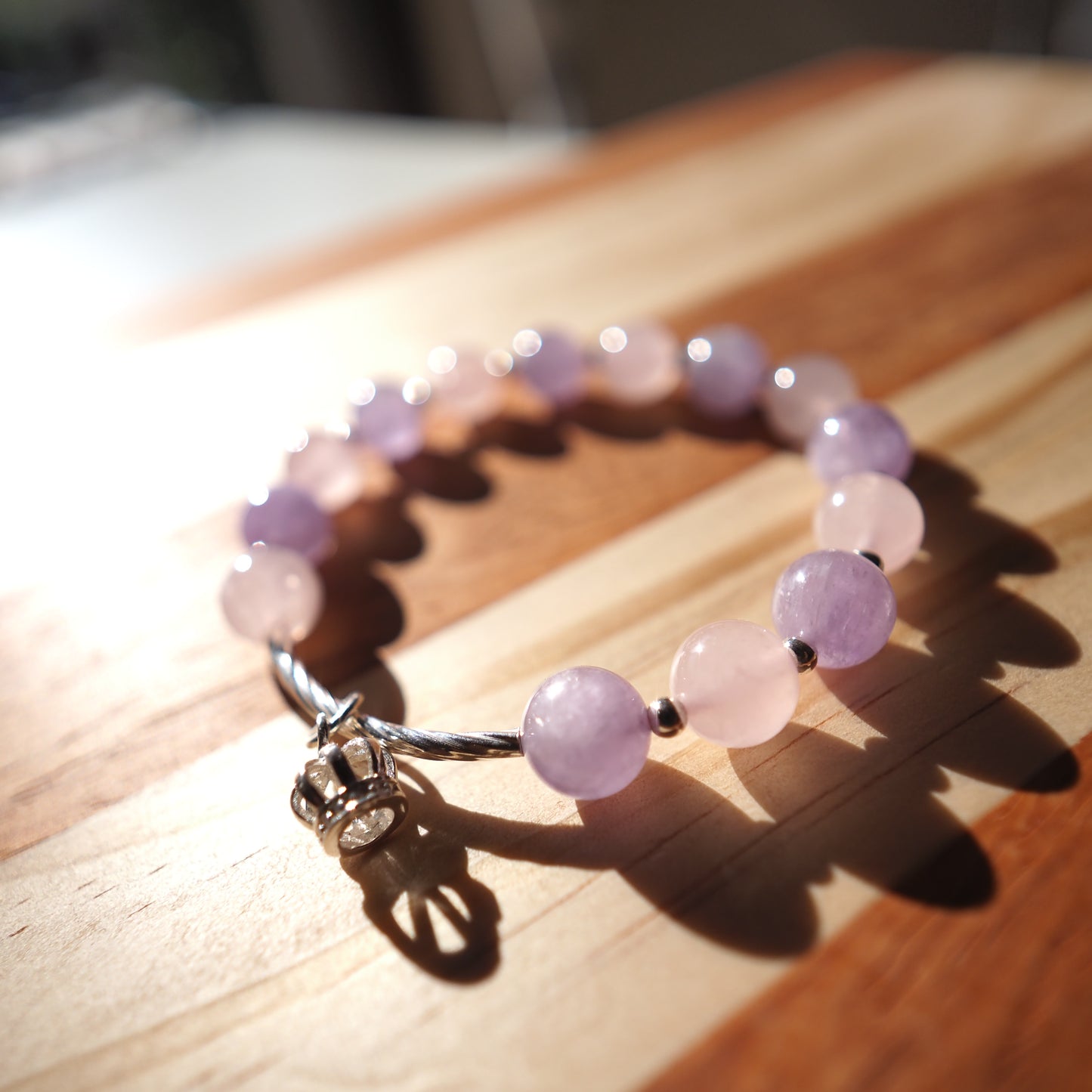 Natural Lavender Amethyst and Rose Quartz and Clear Quartz S925 Silver Crown Charm Bracelet 9.5mm