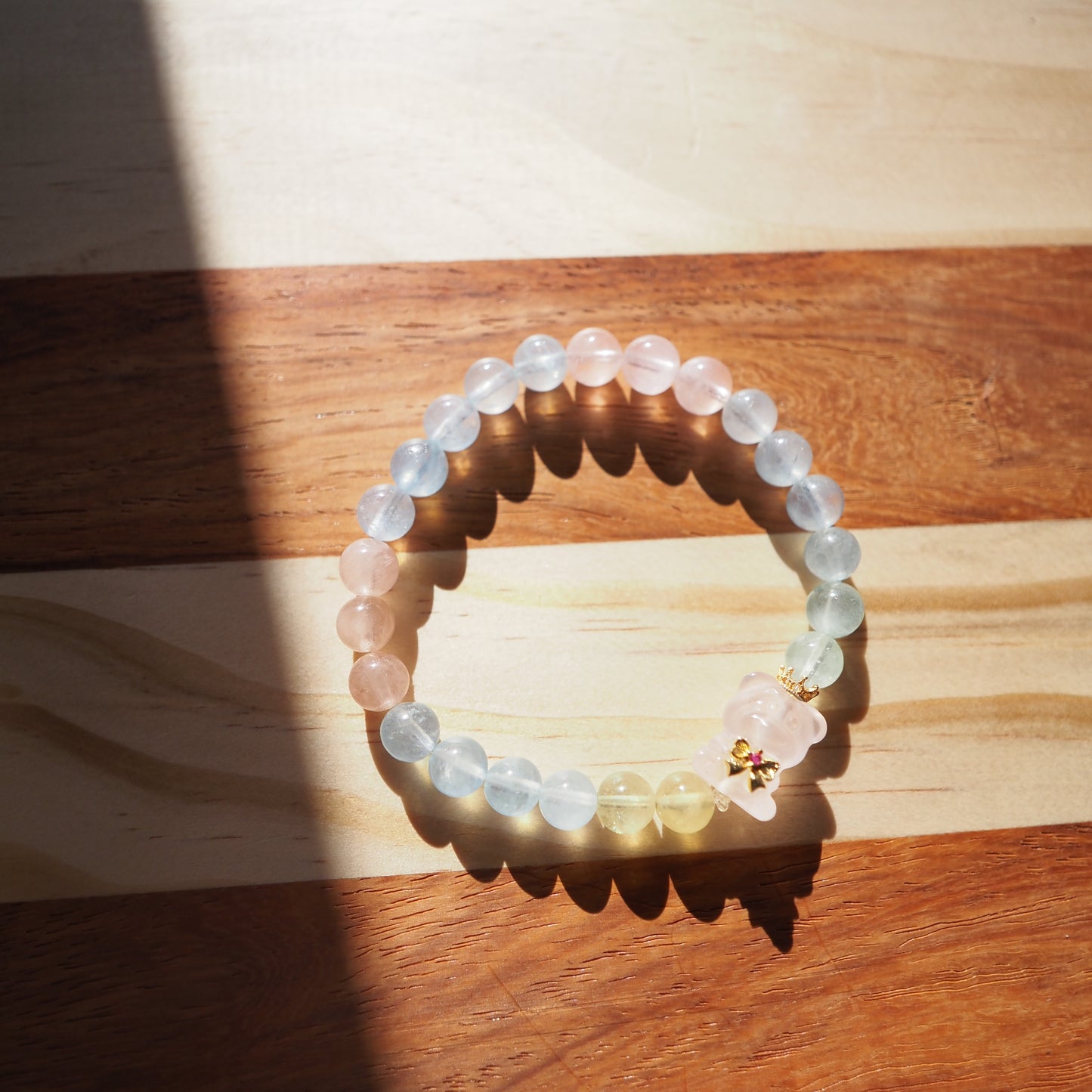 Natural Rainbow Candy Morganite and Rose Quartz Bear Charm Bracelet 8mm