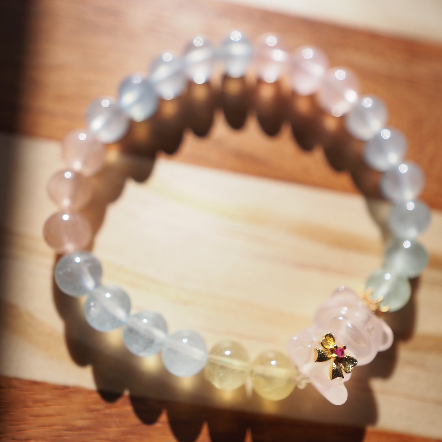 Natural Rainbow Candy Morganite and Rose Quartz Bear Charm Bracelet 8mm