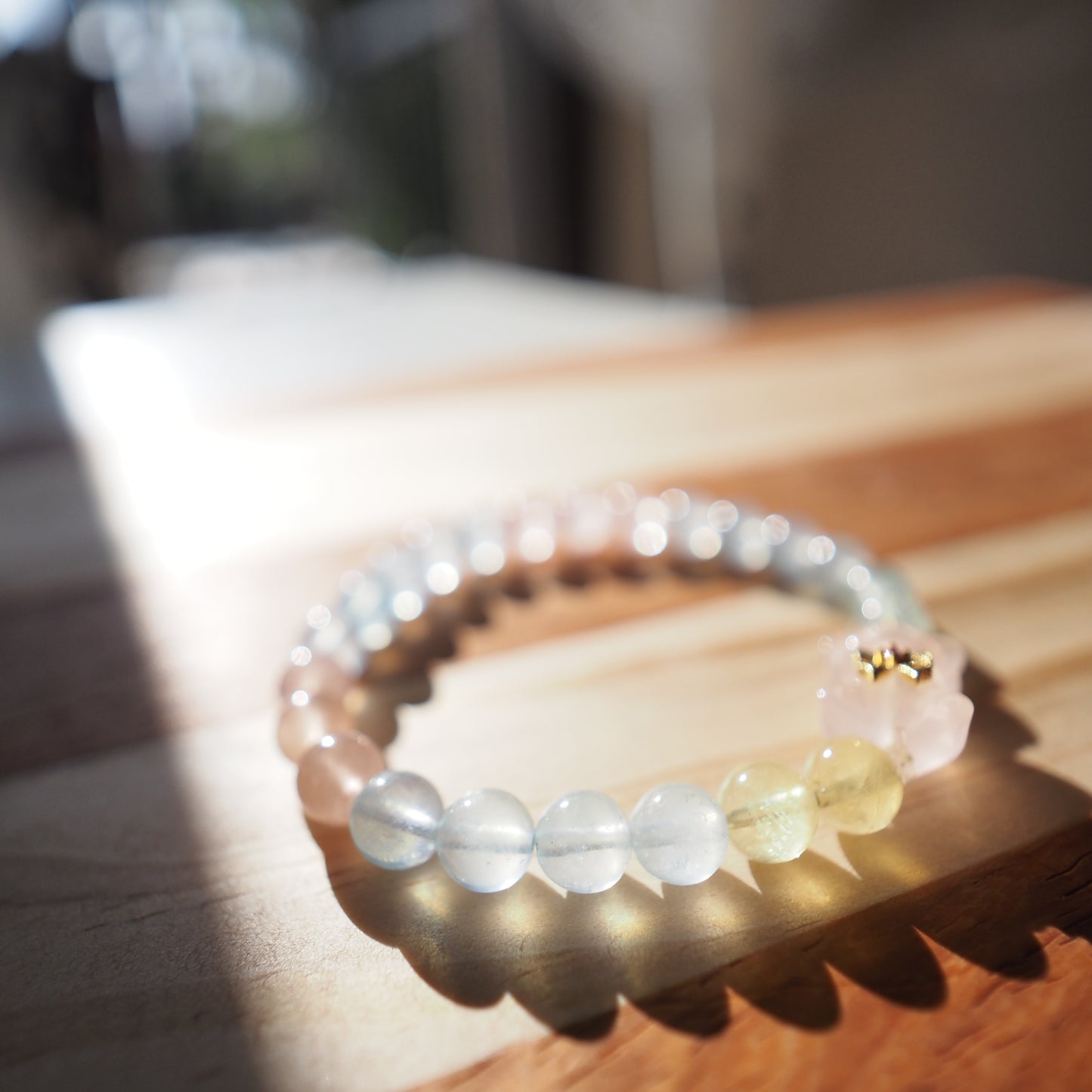 Natural Rainbow Candy Morganite and Rose Quartz Bear Charm Bracelet 8mm