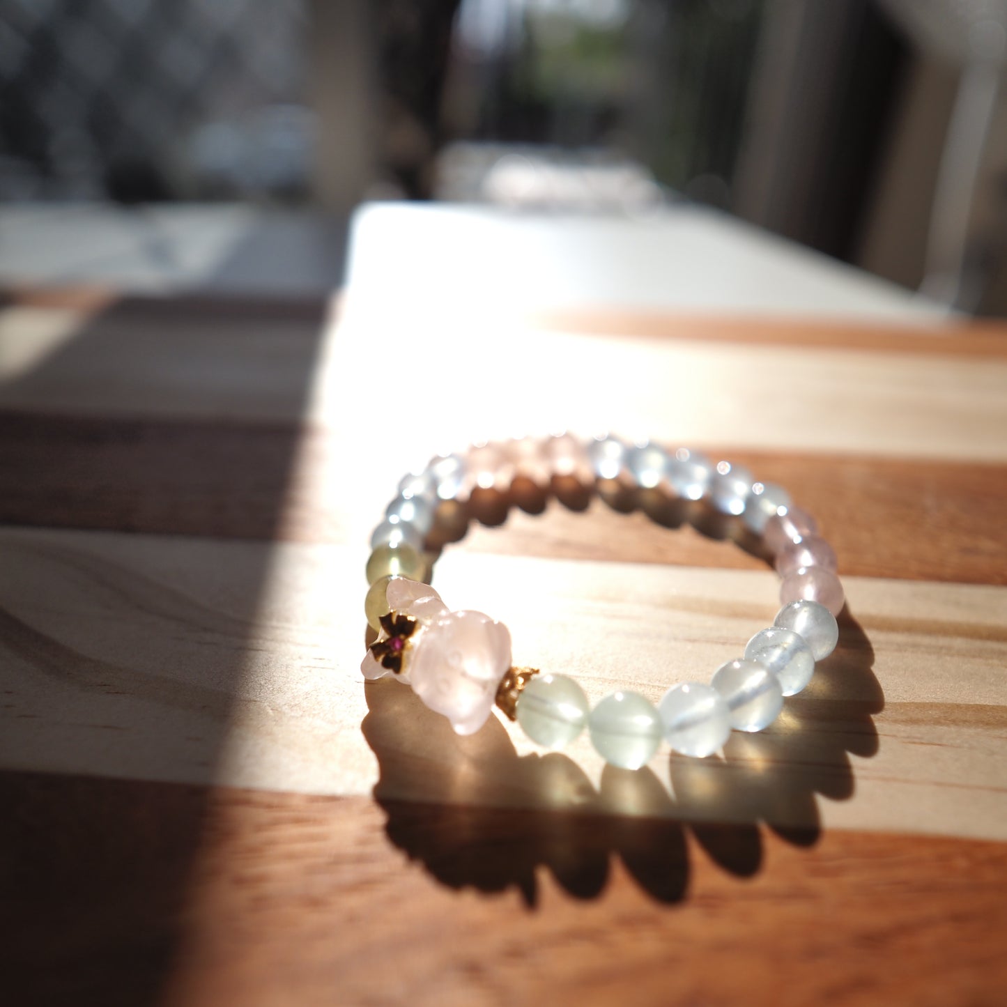 Natural Rainbow Candy Morganite and Rose Quartz Bear Charm Bracelet 8mm