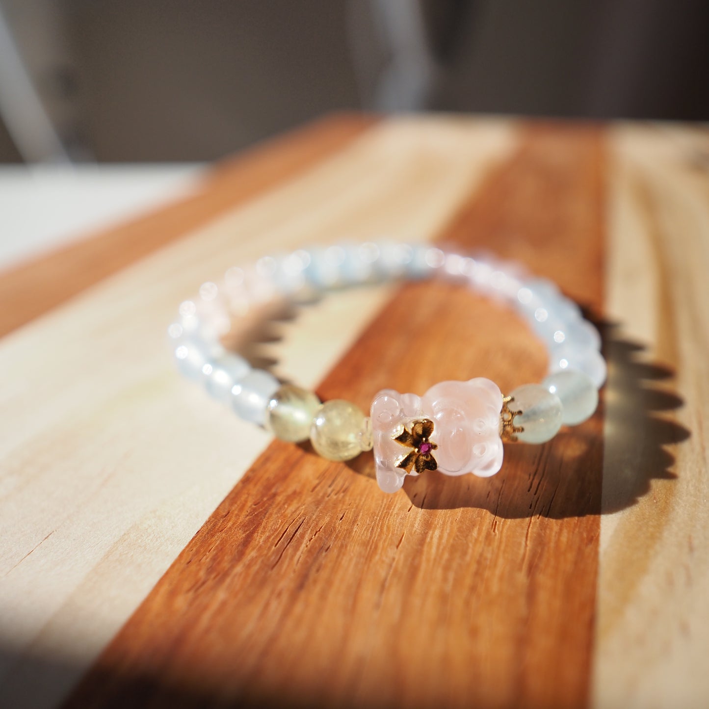 Natural Rainbow Candy Morganite and Rose Quartz Bear Charm Bracelet 8mm