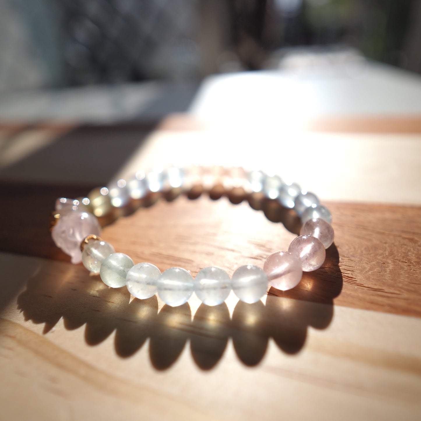 Natural Rainbow Candy Morganite and Rose Quartz Bear Charm Bracelet 8mm