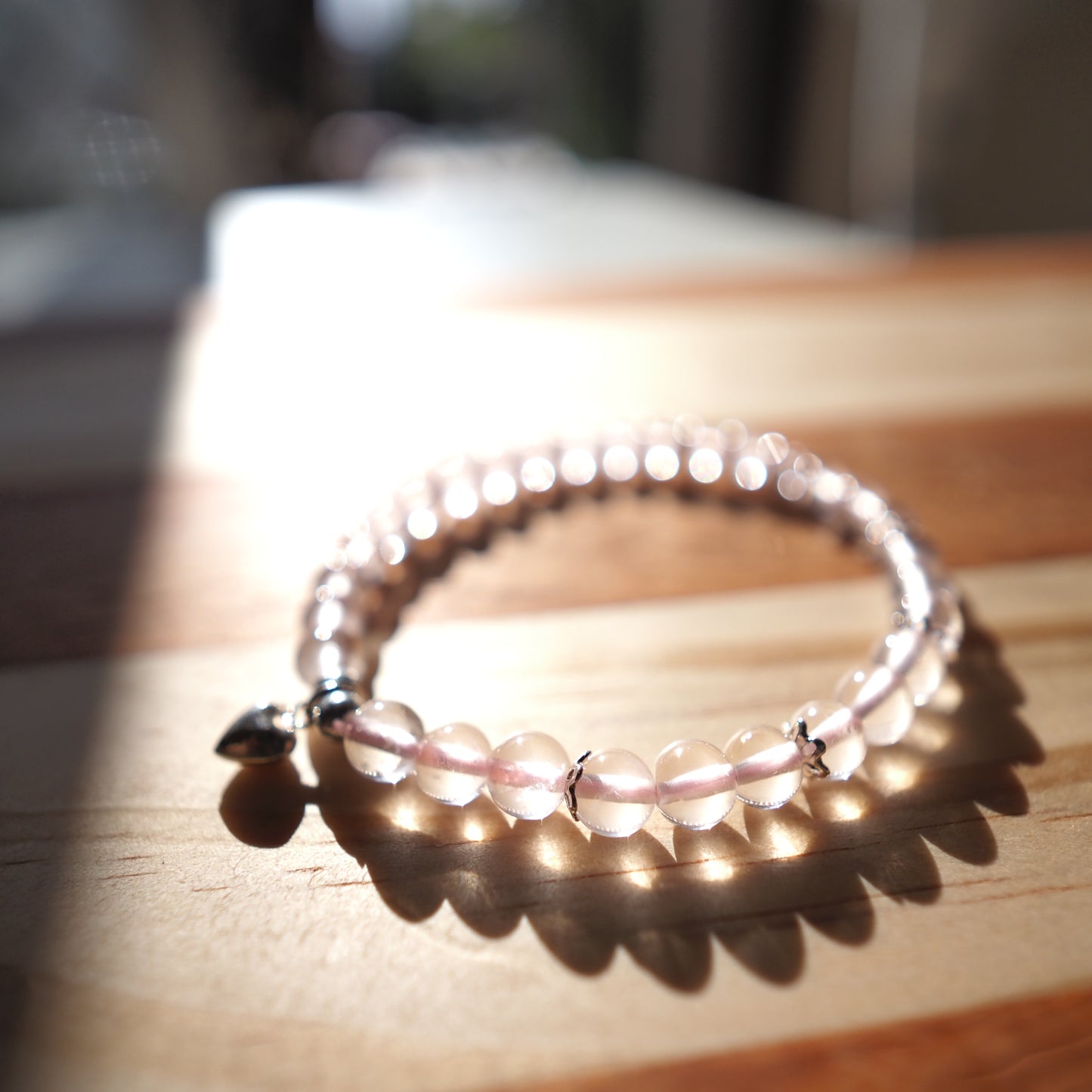 Natural Mozambique Star Rose Quartz with S925 Silver Heart Charm Bracelet 5.5mm