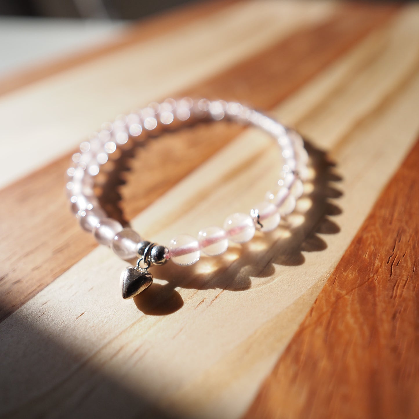 Natural Mozambique Star Rose Quartz with S925 Silver Heart Charm Bracelet 5.5mm