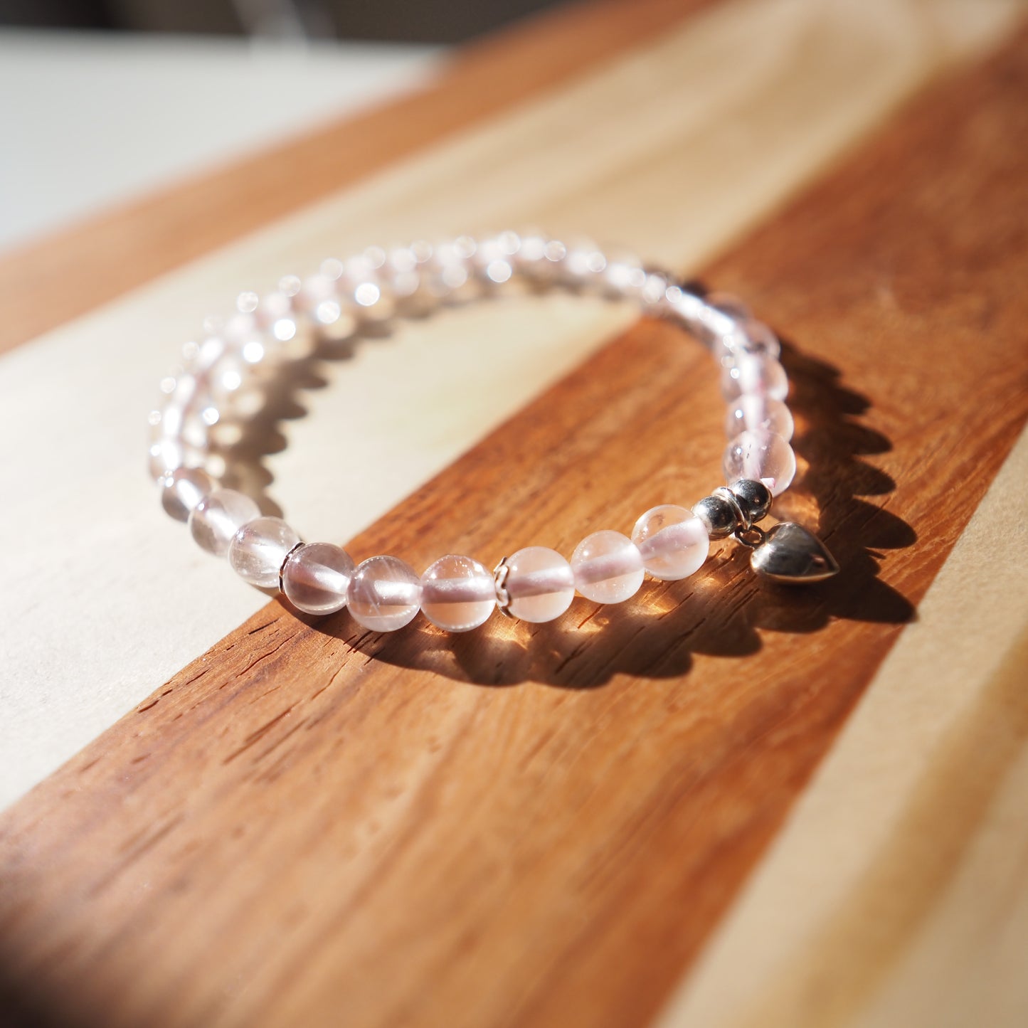 Natural Mozambique Star Rose Quartz with S925 Silver Heart Charm Bracelet 5.5mm