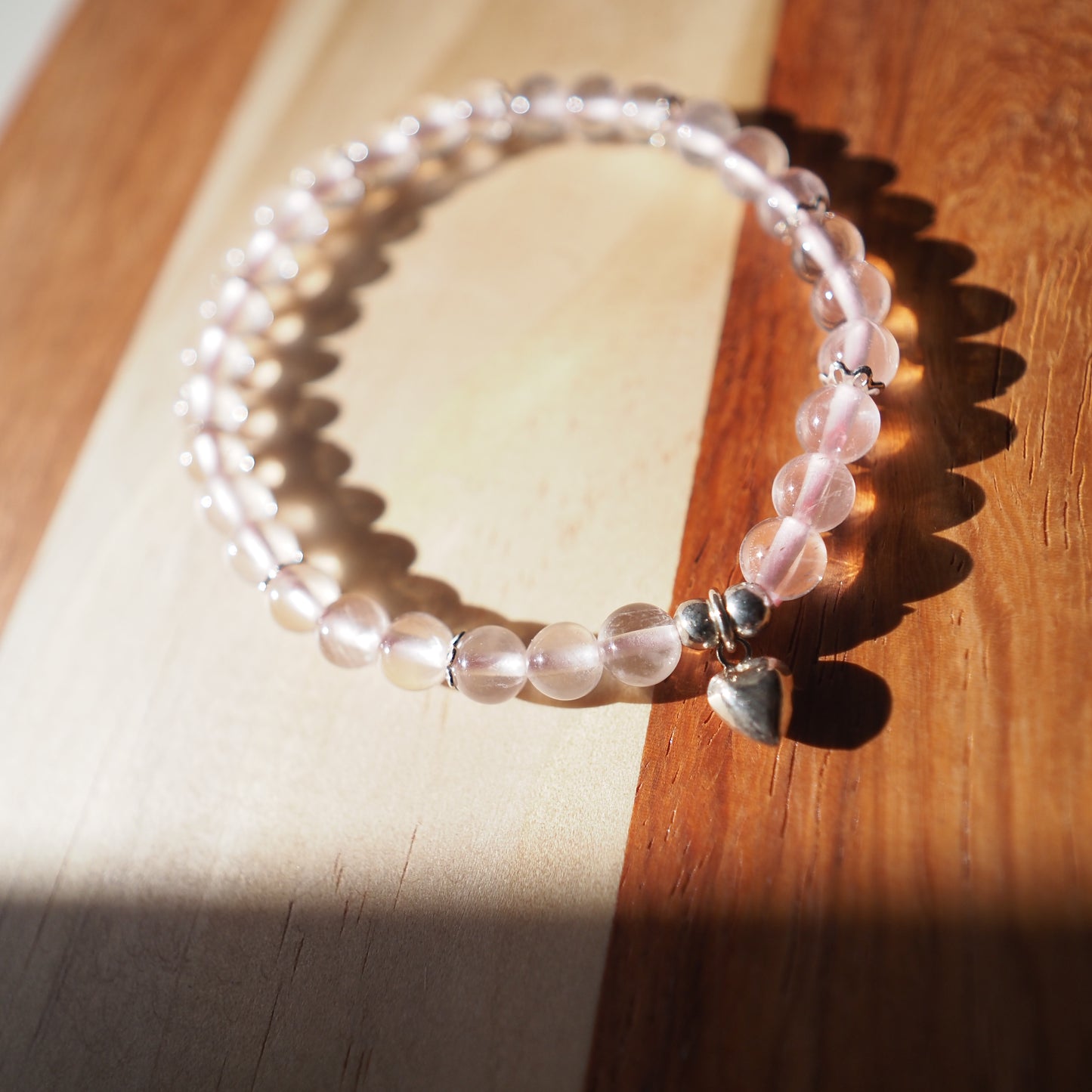 Natural Mozambique Star Rose Quartz with S925 Silver Heart Charm Bracelet 5.5mm