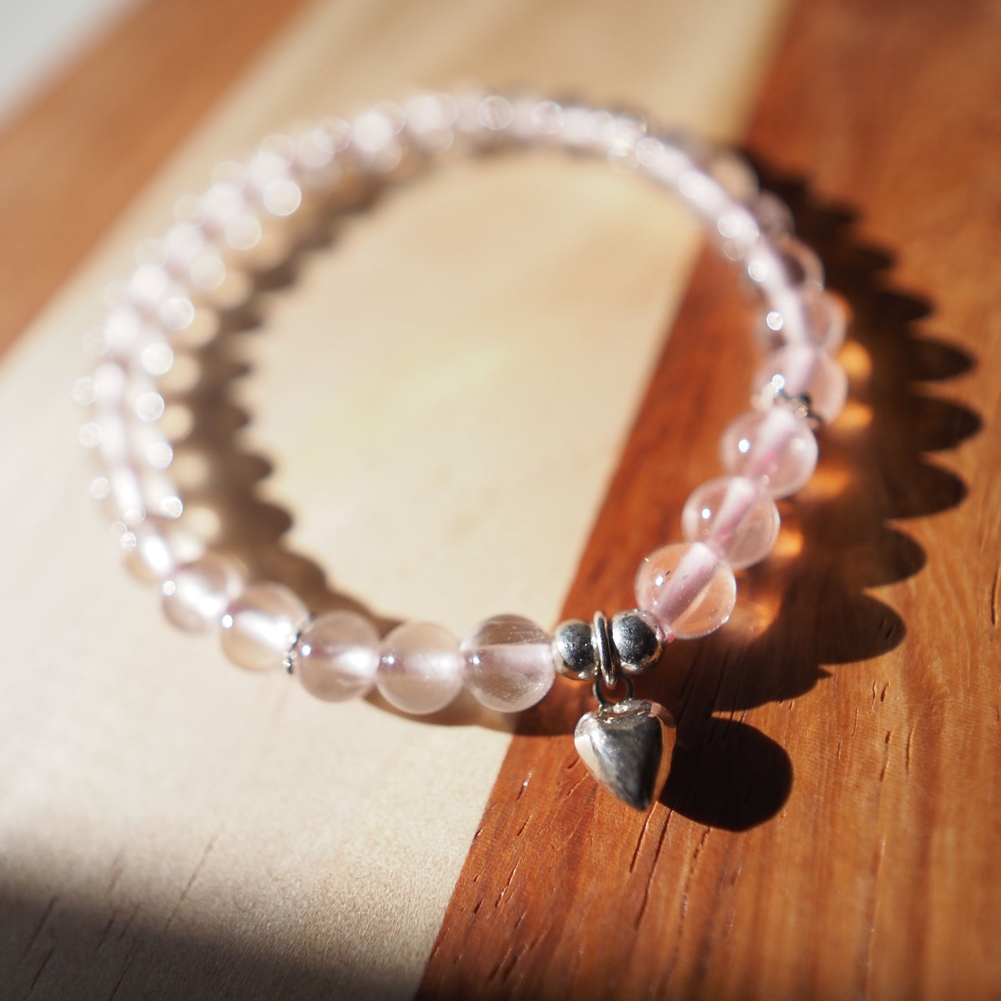 Natural Mozambique Star Rose Quartz with S925 Silver Heart Charm Bracelet 5.5mm