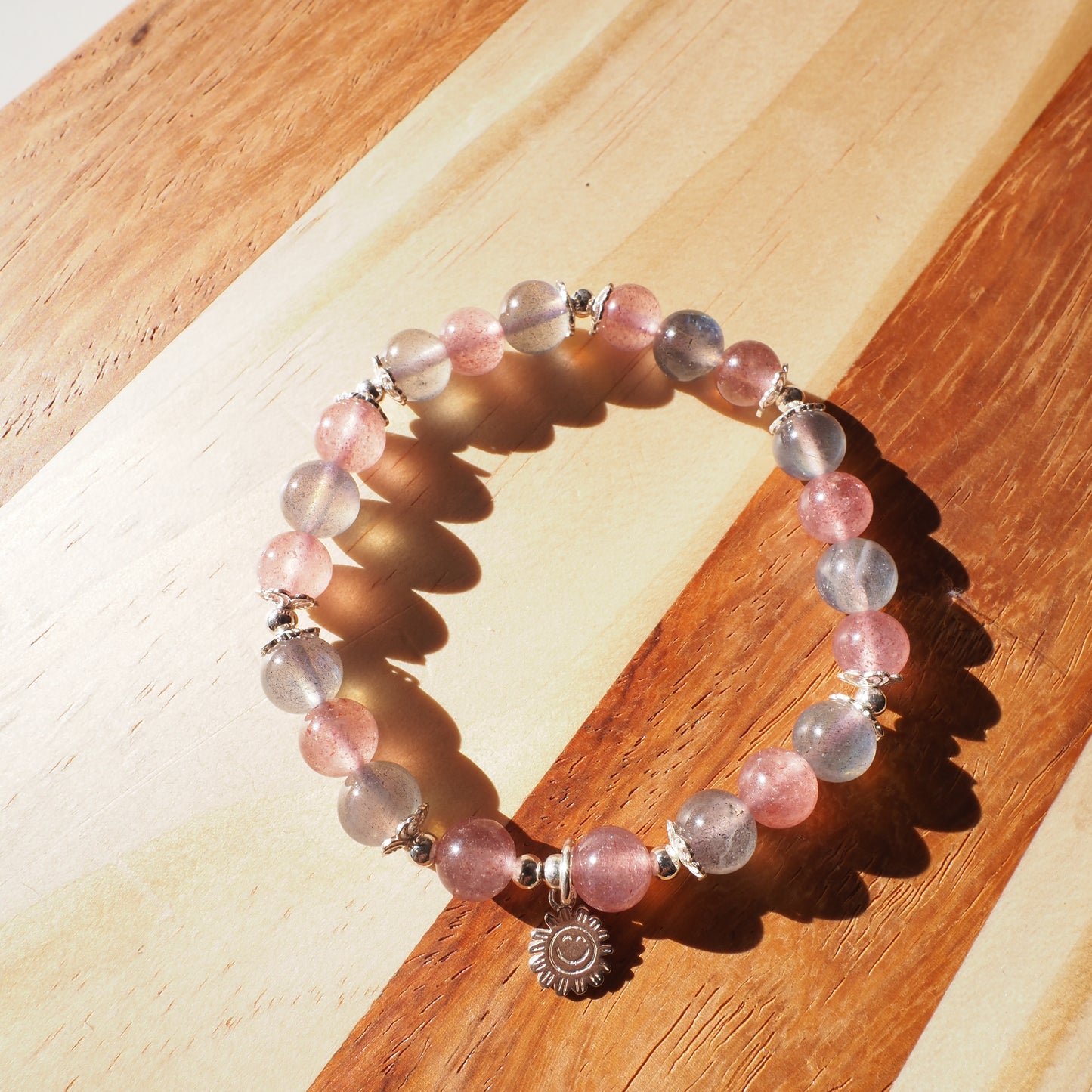Natural Strawberry Quartz Crystal and Labradorite with S925 charm Bracelet 7mm