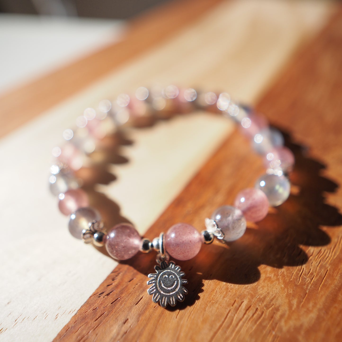 Natural Strawberry Quartz Crystal and Labradorite with S925 charm Bracelet 7mm