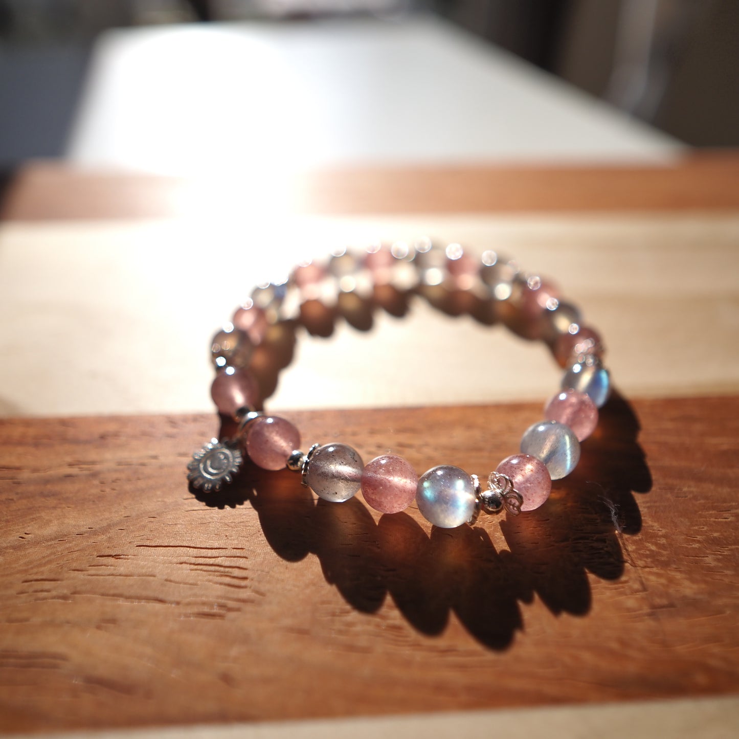 Natural Strawberry Quartz Crystal and Labradorite with S925 charm Bracelet 7mm