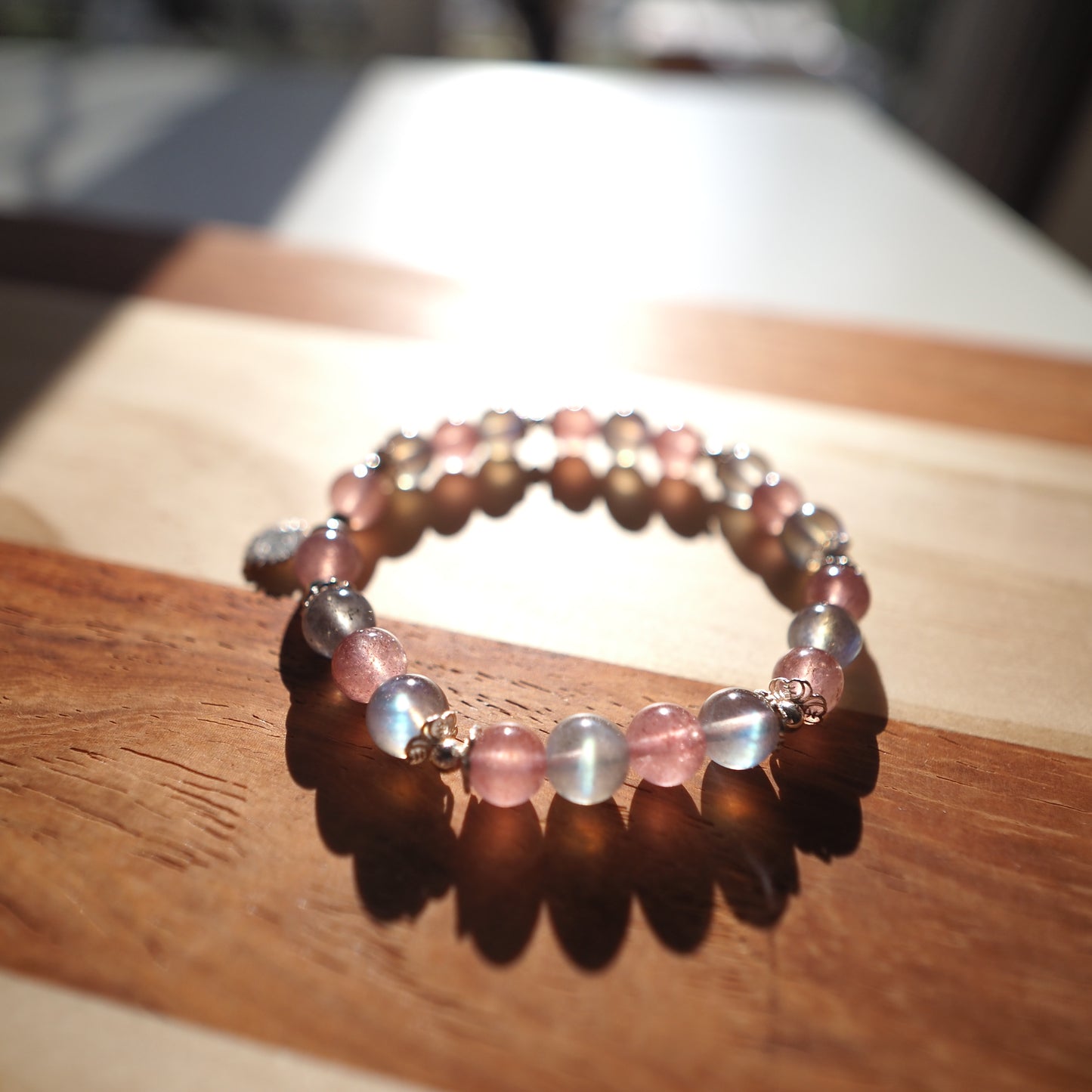 Natural Strawberry Quartz Crystal and Labradorite with S925 charm Bracelet 7mm