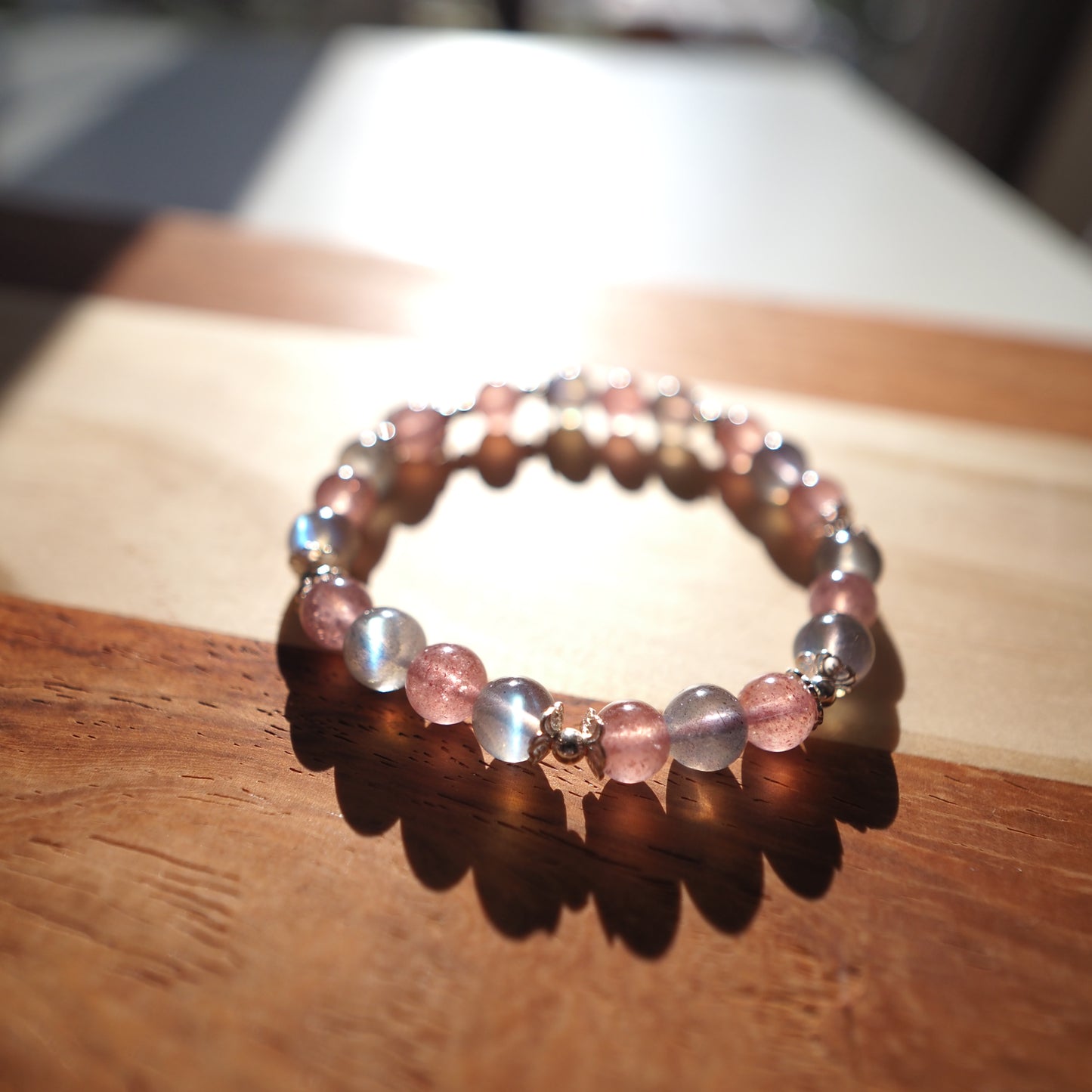 Natural Strawberry Quartz Crystal and Labradorite with S925 charm Bracelet 7mm