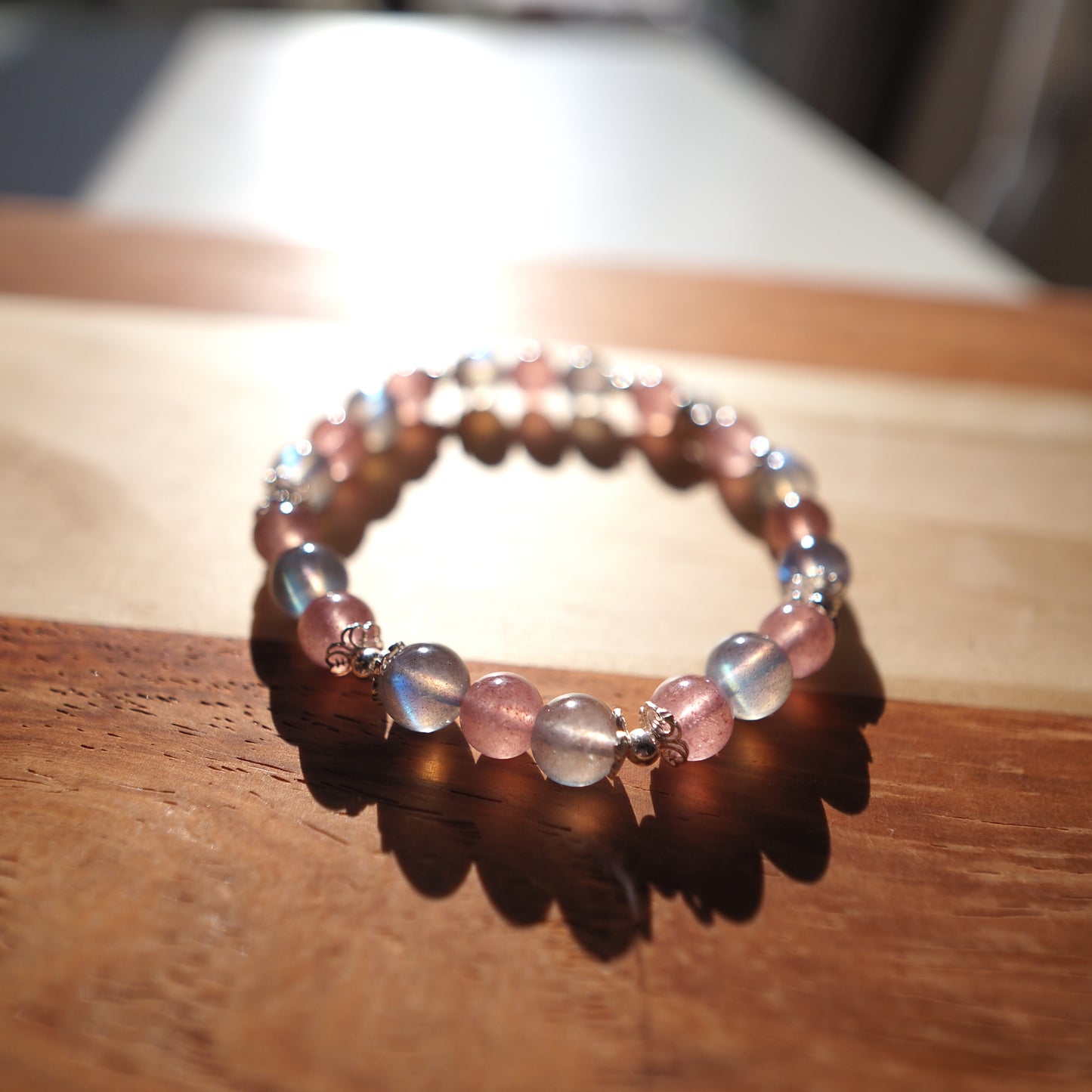 Natural Strawberry Quartz Crystal and Labradorite with S925 charm Bracelet 7mm