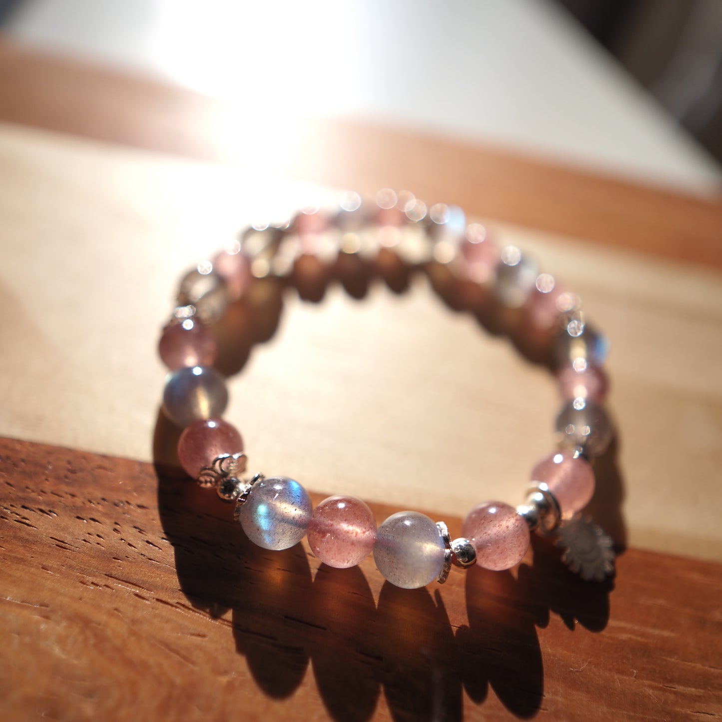Natural Strawberry Quartz Crystal and Labradorite with S925 charm Bracelet 7mm
