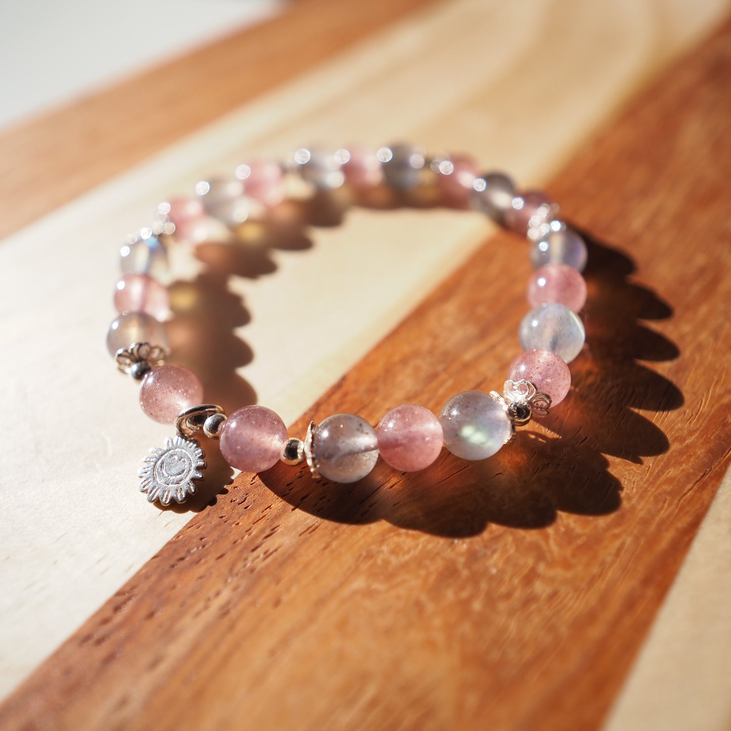 Natural Strawberry Quartz Crystal and Labradorite with S925 charm Bracelet 7mm