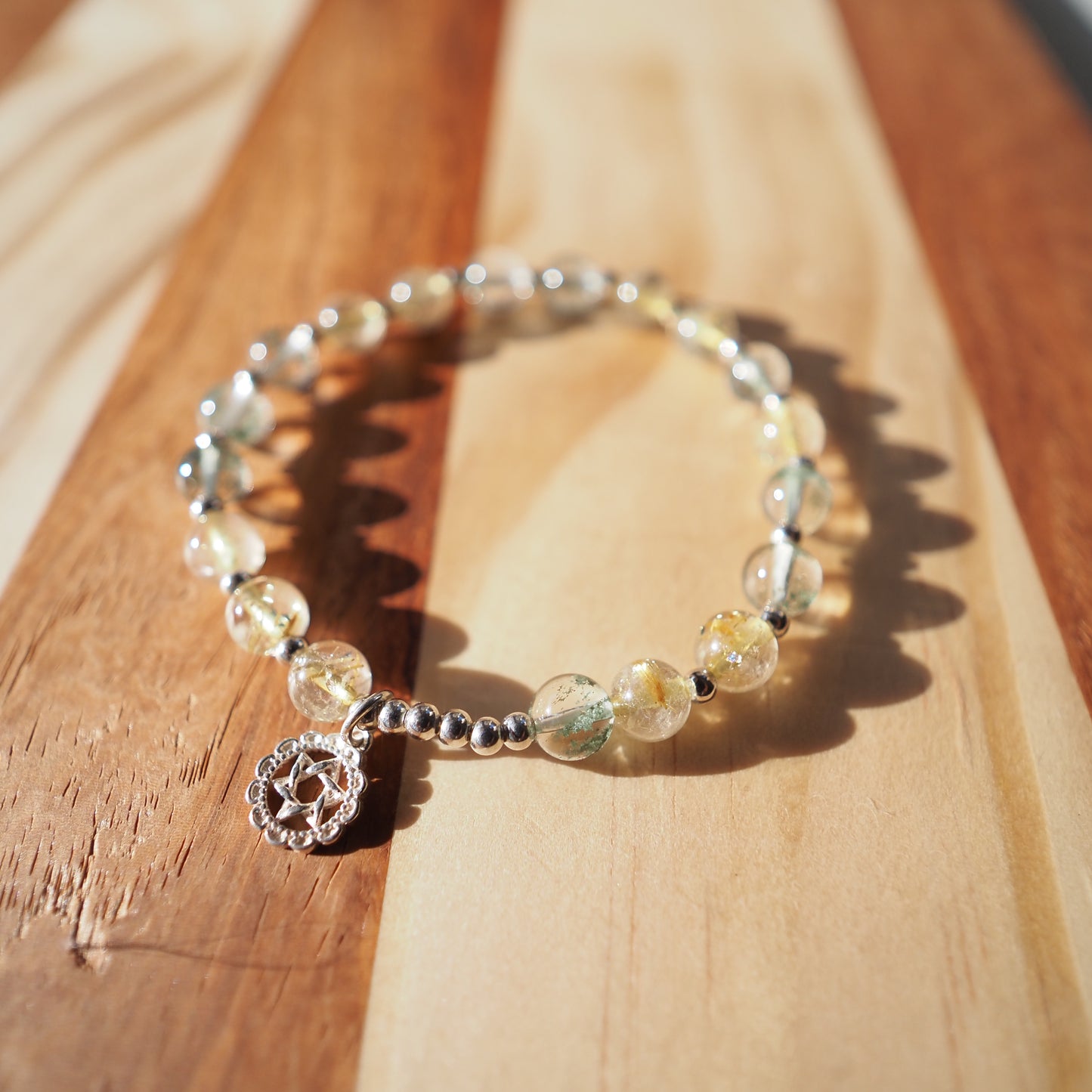 Natural Green Phantom Quartz and Golden Rutilated Quartz with S925 Silver Charm Bracelet 7mm