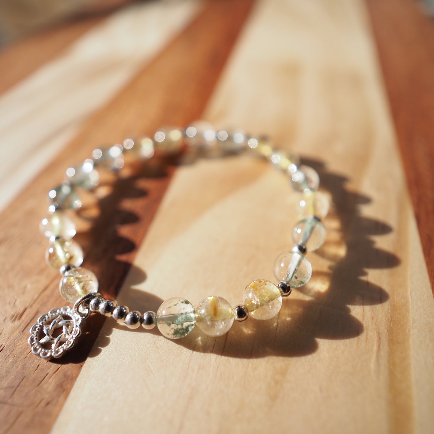 Natural Green Phantom Quartz and Golden Rutilated Quartz with S925 Silver Charm Bracelet 7mm