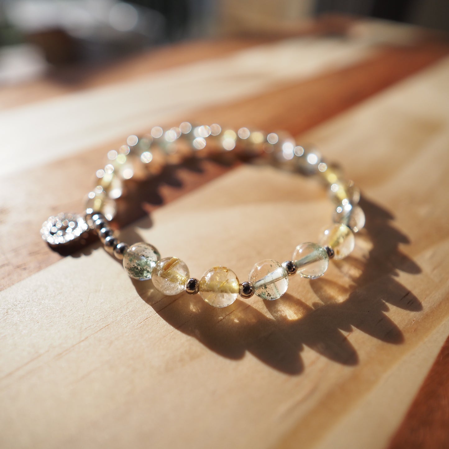 Natural Green Phantom Quartz and Golden Rutilated Quartz with S925 Silver Charm Bracelet 7mm