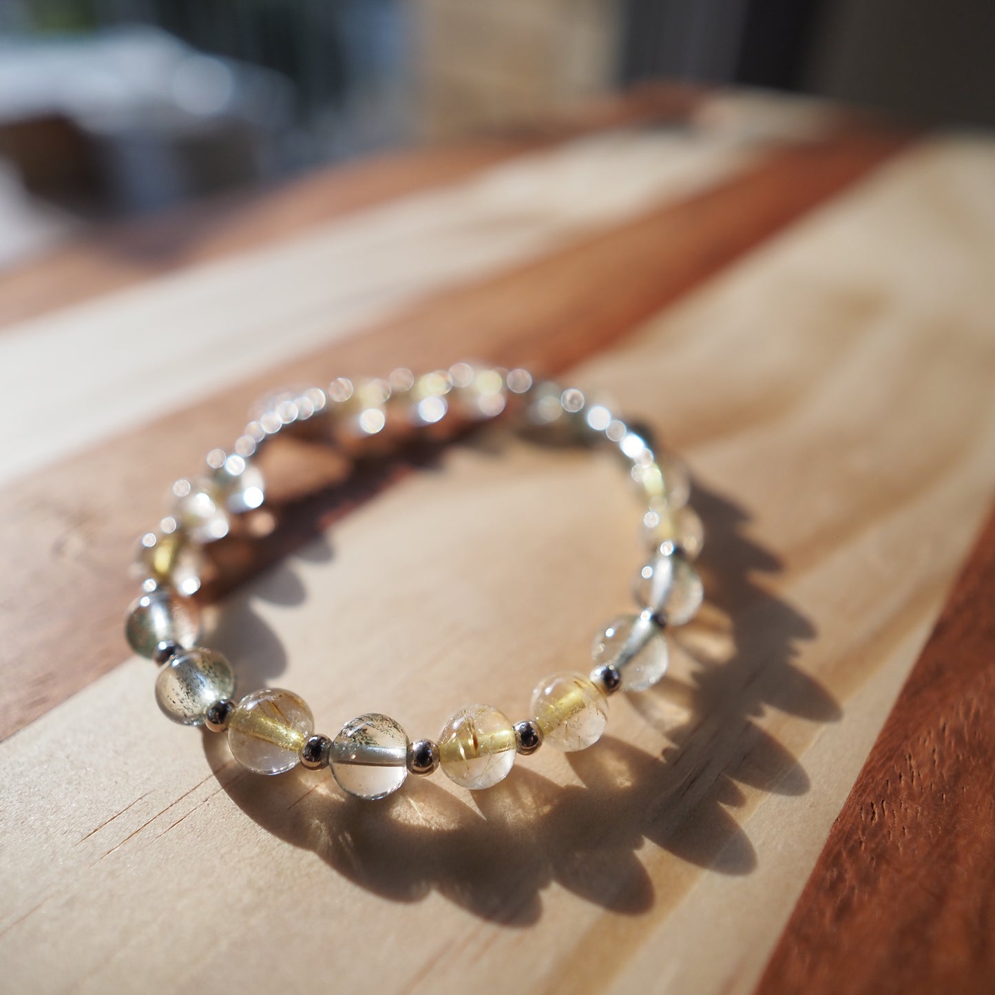 Natural Green Phantom Quartz and Golden Rutilated Quartz with S925 Silver Charm Bracelet 7mm