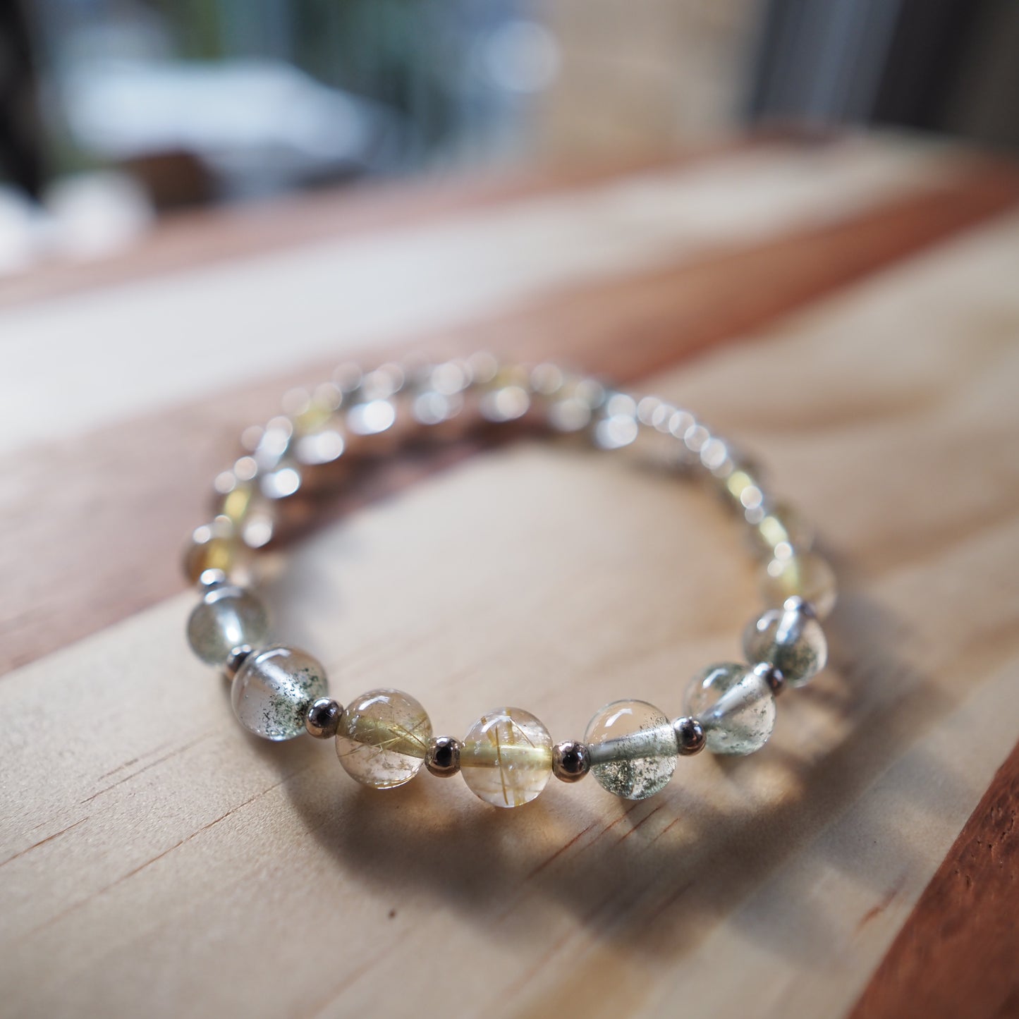 Natural Green Phantom Quartz and Golden Rutilated Quartz with S925 Silver Charm Bracelet 7mm