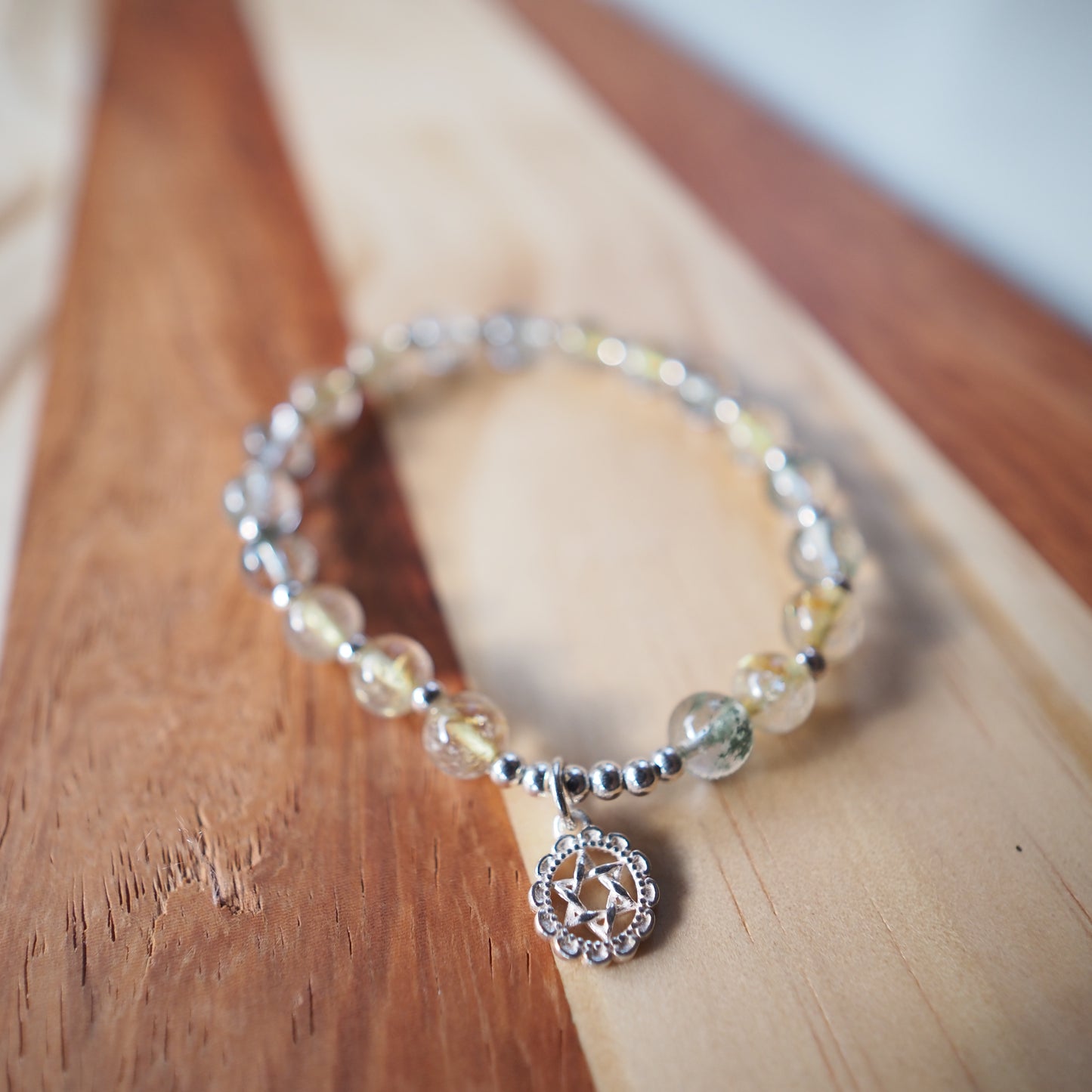 Natural Green Phantom Quartz and Golden Rutilated Quartz with S925 Silver Charm Bracelet 7mm