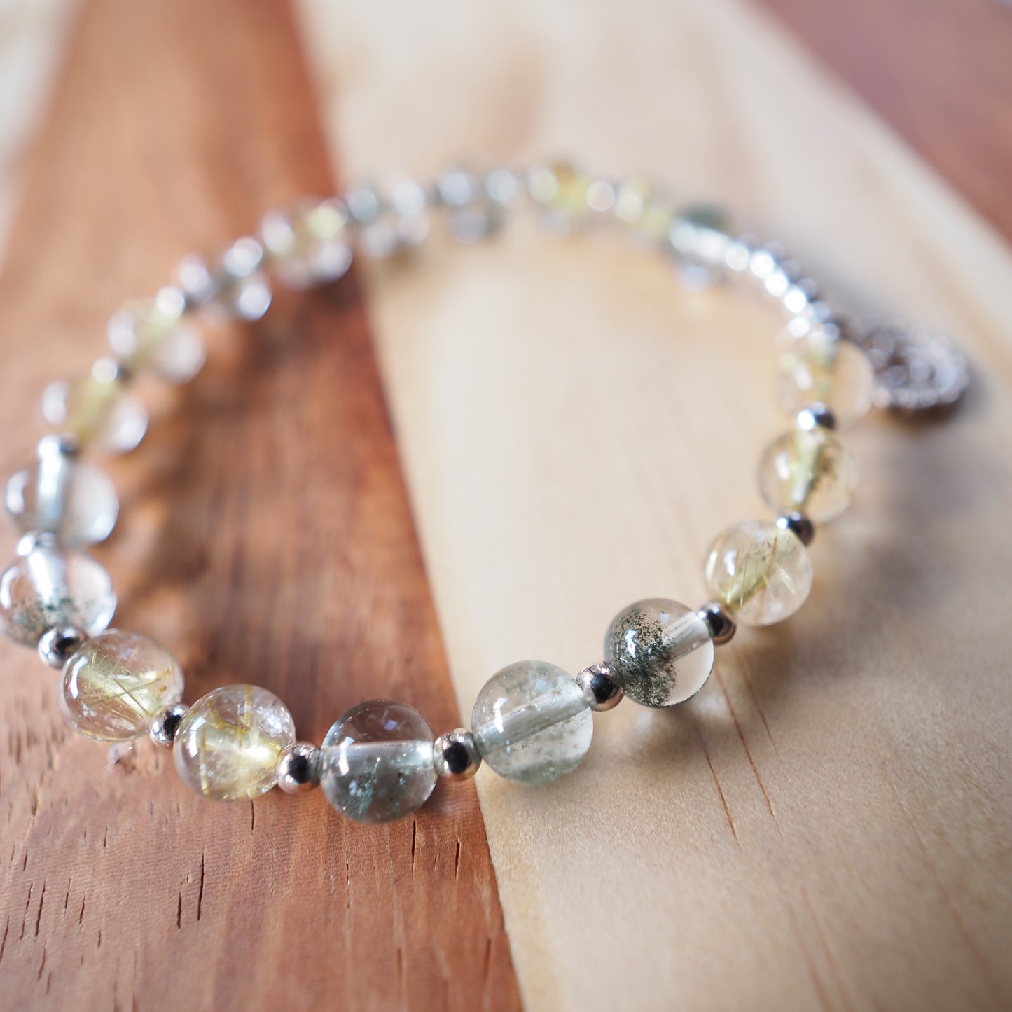 Natural Green Phantom Quartz and Golden Rutilated Quartz with S925 Silver Charm Bracelet 7mm