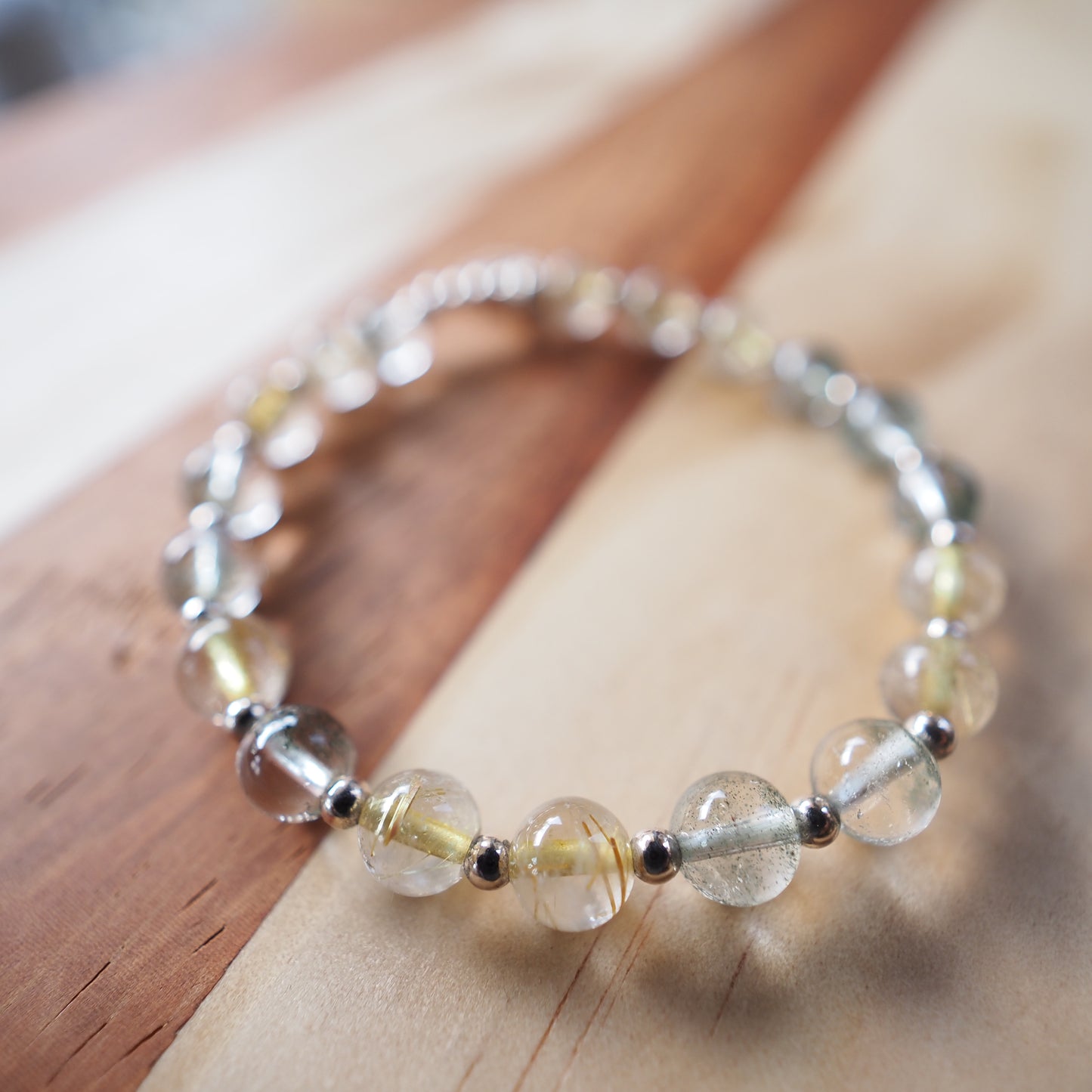 Natural Green Phantom Quartz and Golden Rutilated Quartz with S925 Silver Charm Bracelet 7mm