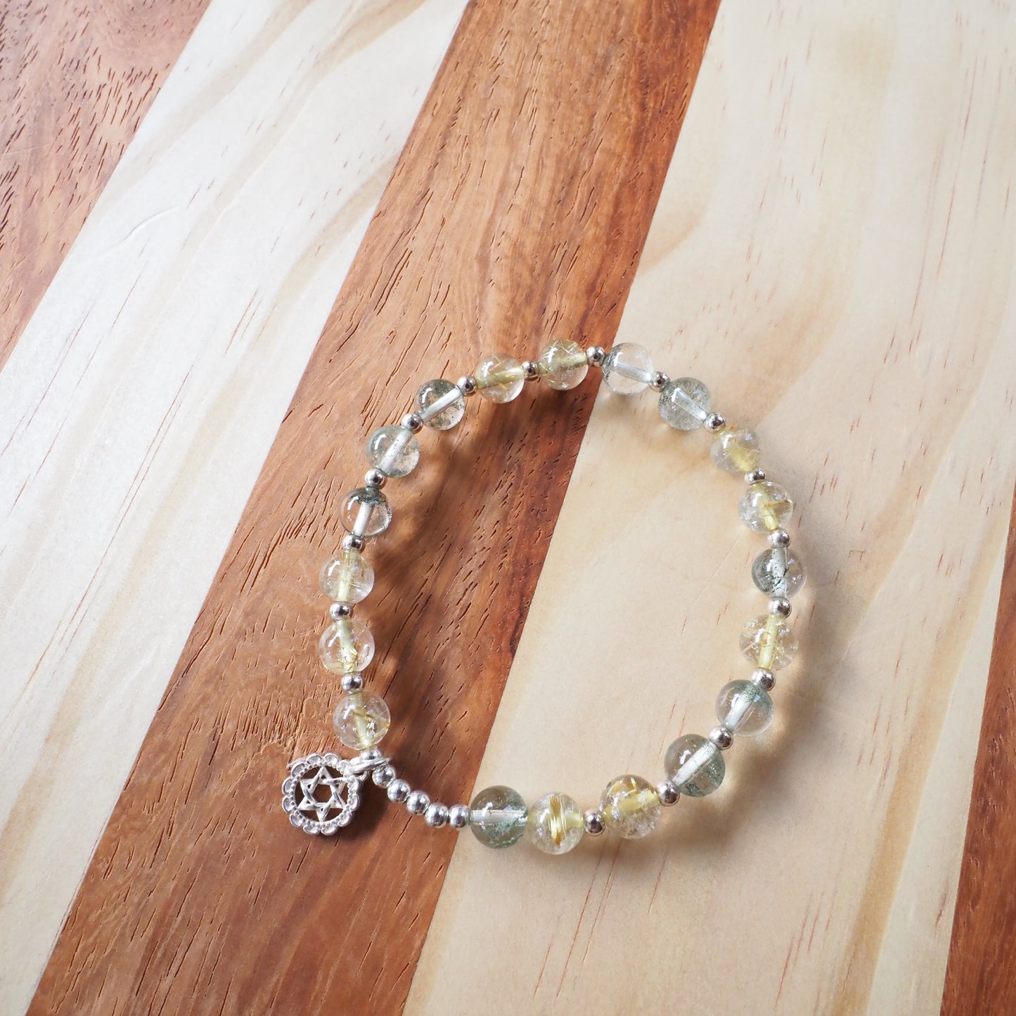 Natural Green Phantom Quartz and Golden Rutilated Quartz with S925 Silver Charm Bracelet 7mm