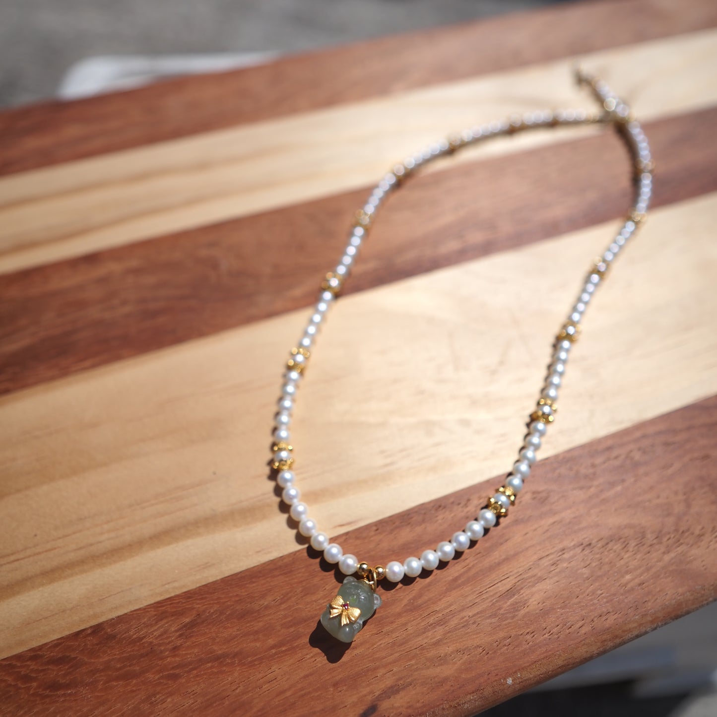Freshwater Pearl Necklace with Hetian Jade Bear Pendant | 925 Gold-Plated Silver Beaded Necklace | Elegant Handmade Jewelry for Women