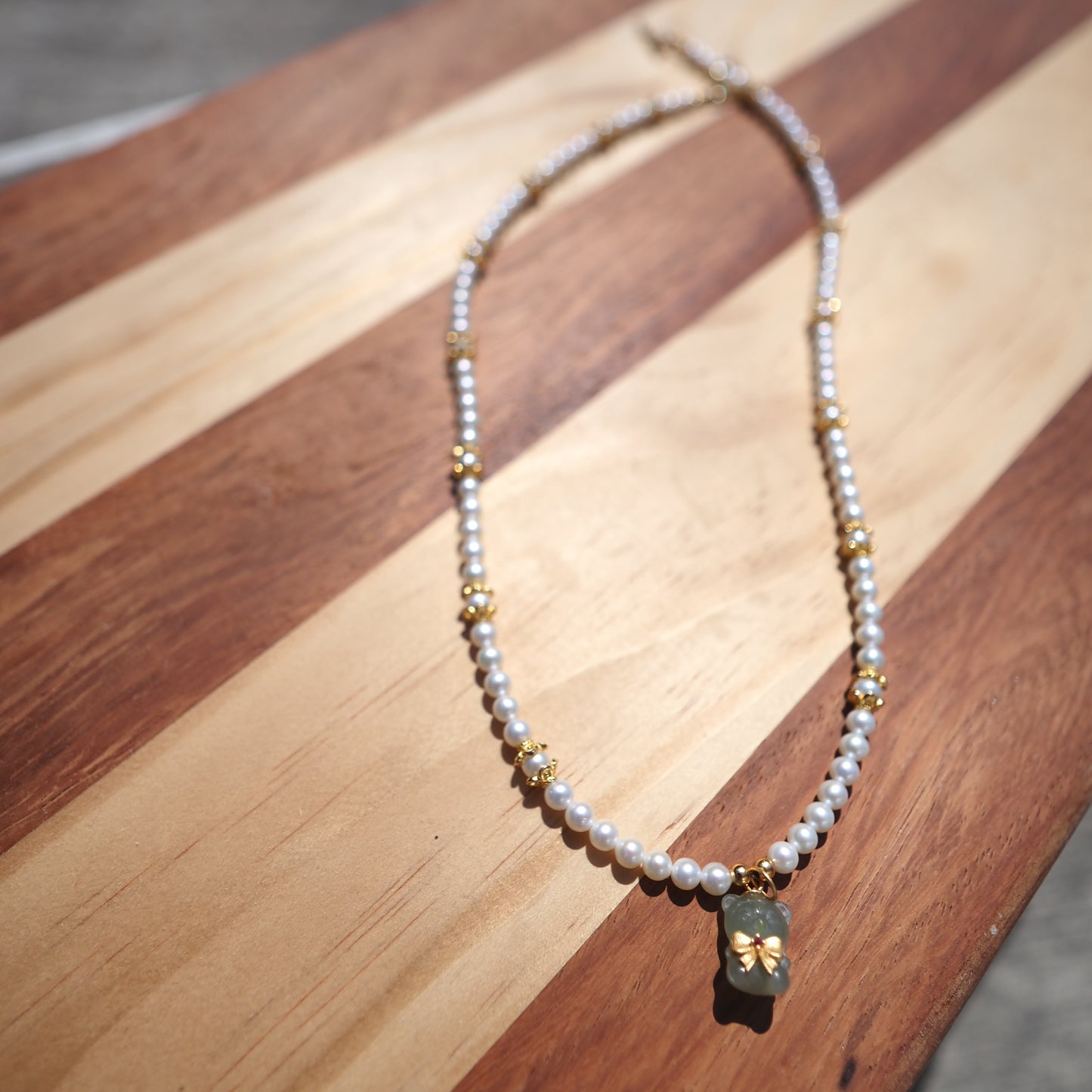 Freshwater Pearl Necklace with Hetian Jade Bear Pendant | 925 Gold-Plated Silver Beaded Necklace | Elegant Handmade Jewelry for Women