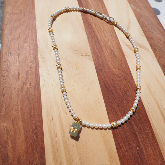 Freshwater Pearl Necklace with Hetian Jade Bear Pendant | 925 Gold-Plated Silver Beaded Necklace | Elegant Handmade Jewelry for Women
