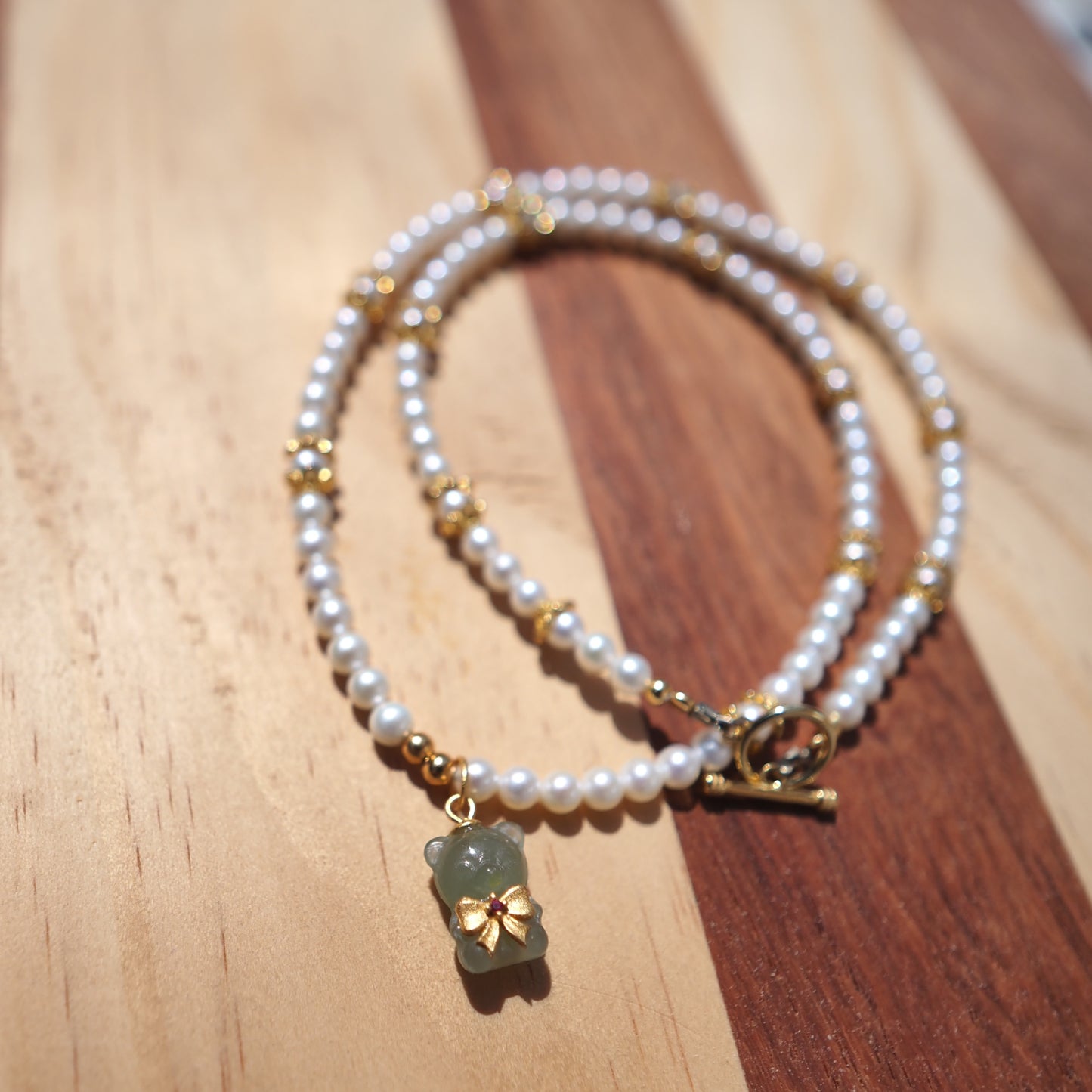 Freshwater Pearl Necklace with Hetian Jade Bear Pendant | 925 Gold-Plated Silver Beaded Necklace | Elegant Handmade Jewelry for Women