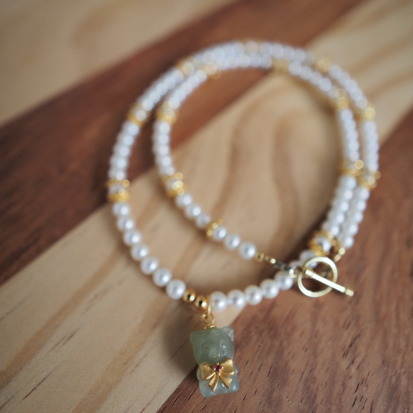 Freshwater Pearl Necklace with Hetian Jade Bear Pendant | 925 Gold-Plated Silver Beaded Necklace | Elegant Handmade Jewelry for Women