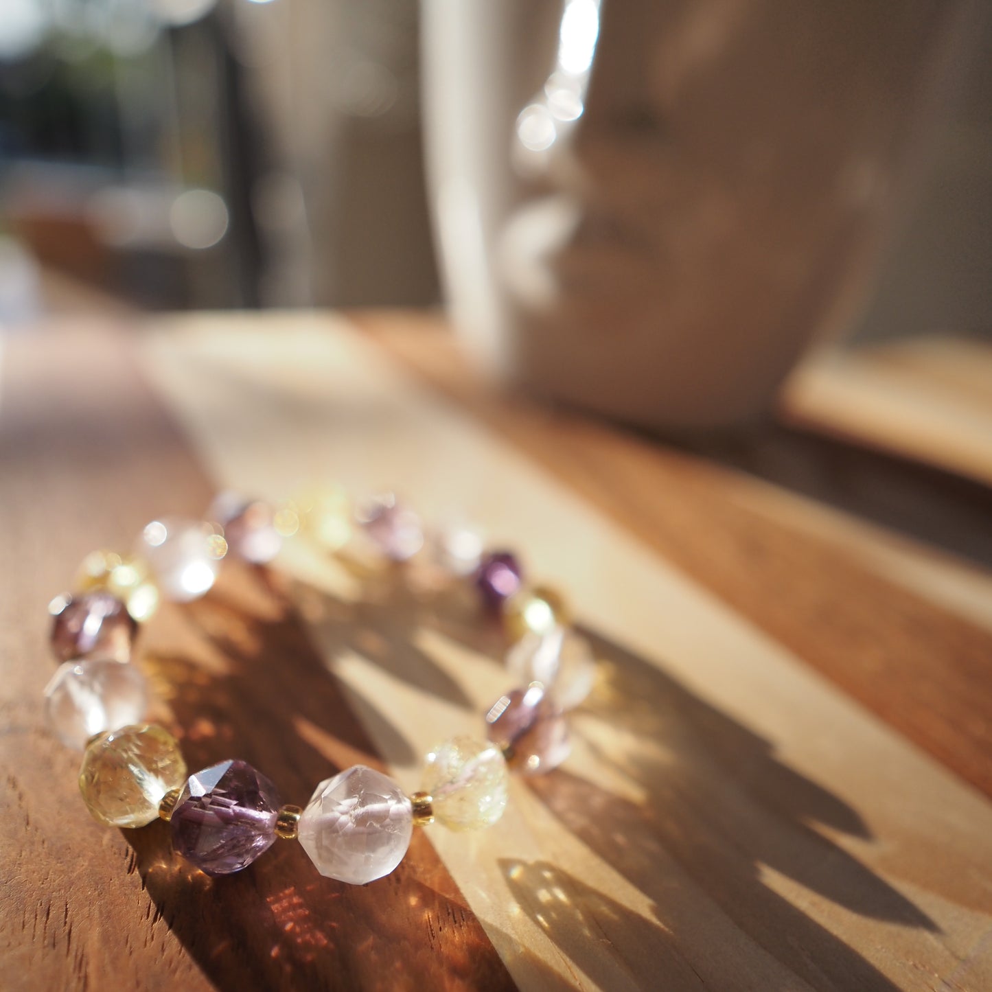 Natural Diamond Cut Amethyst and Citrine and Clear Quartz Bracelet
