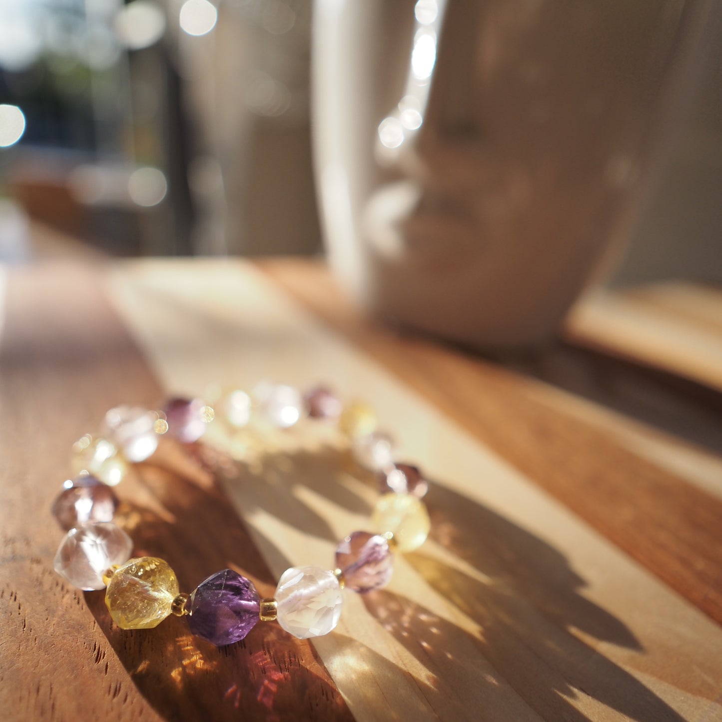 Natural Diamond Cut Amethyst and Citrine and Clear Quartz Bracelet