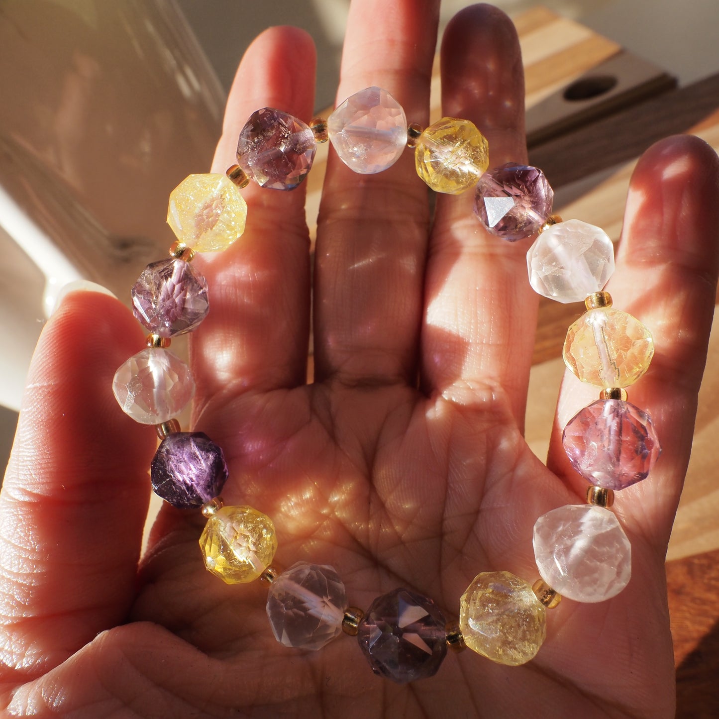 Natural Diamond Cut Amethyst and Citrine and Clear Quartz Bracelet