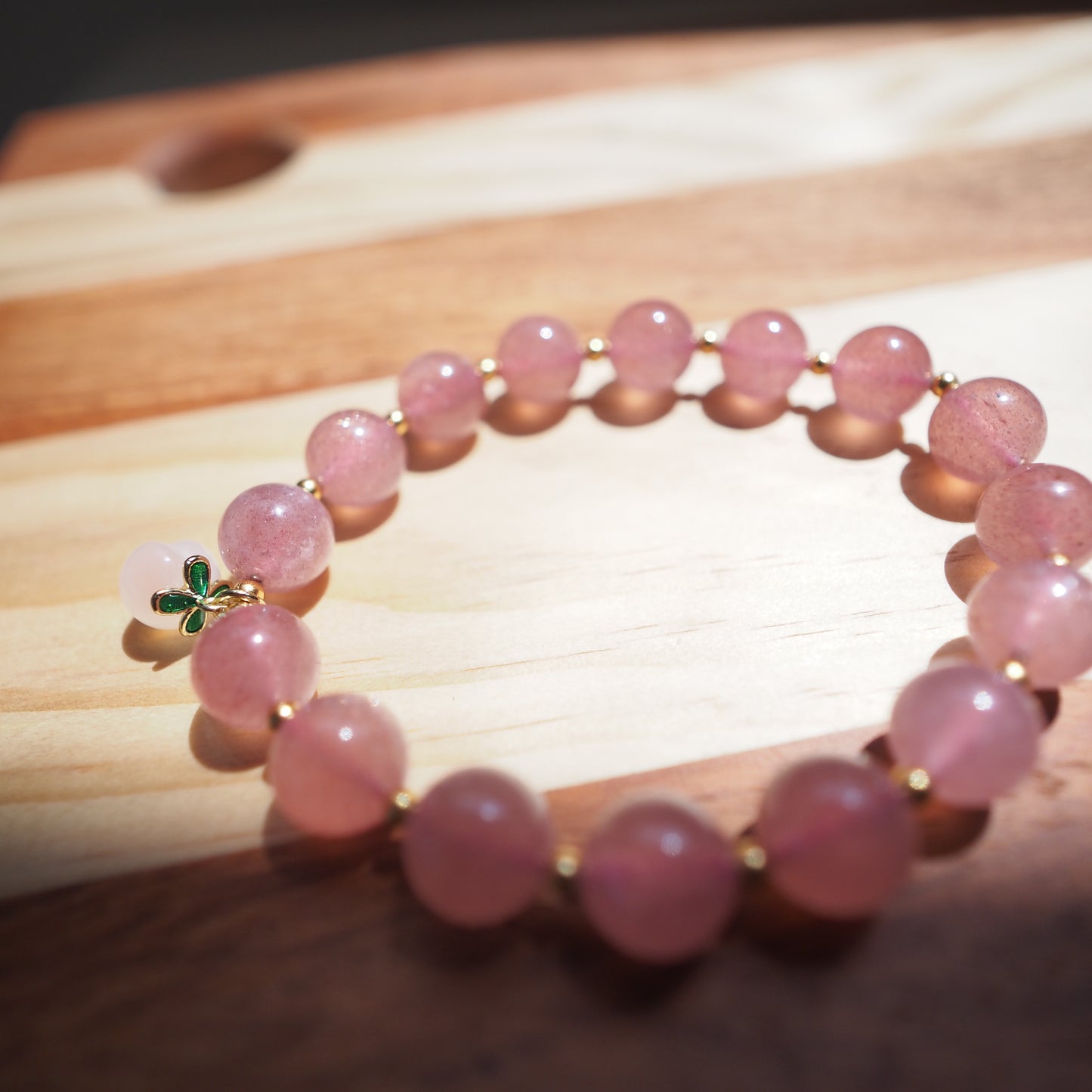 Natural Strawberry Quartz Crystal with Crimson Agate Peach Charm Bracelet 11mm