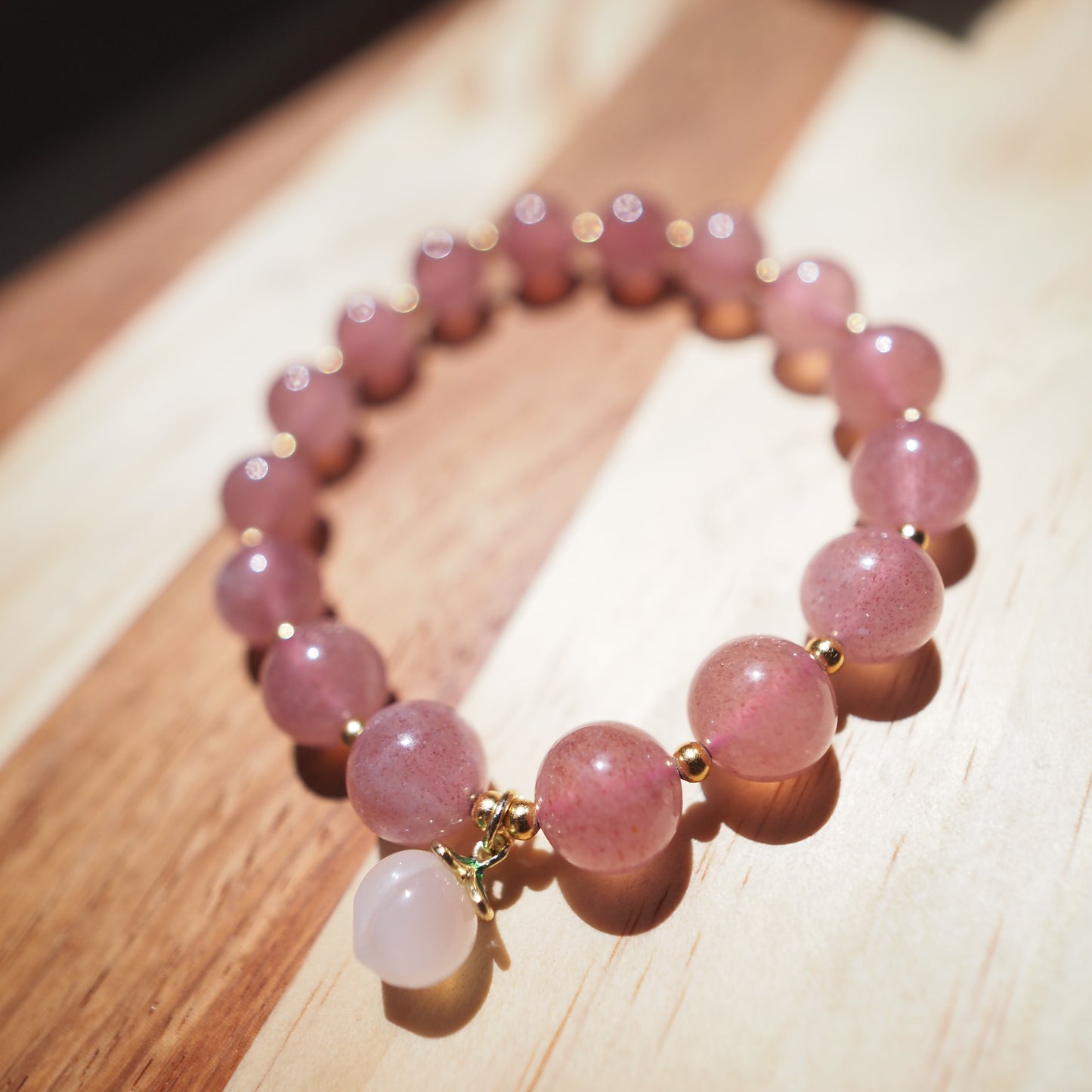 Natural Strawberry Quartz Crystal with Crimson Agate Peach Charm Bracelet 11mm