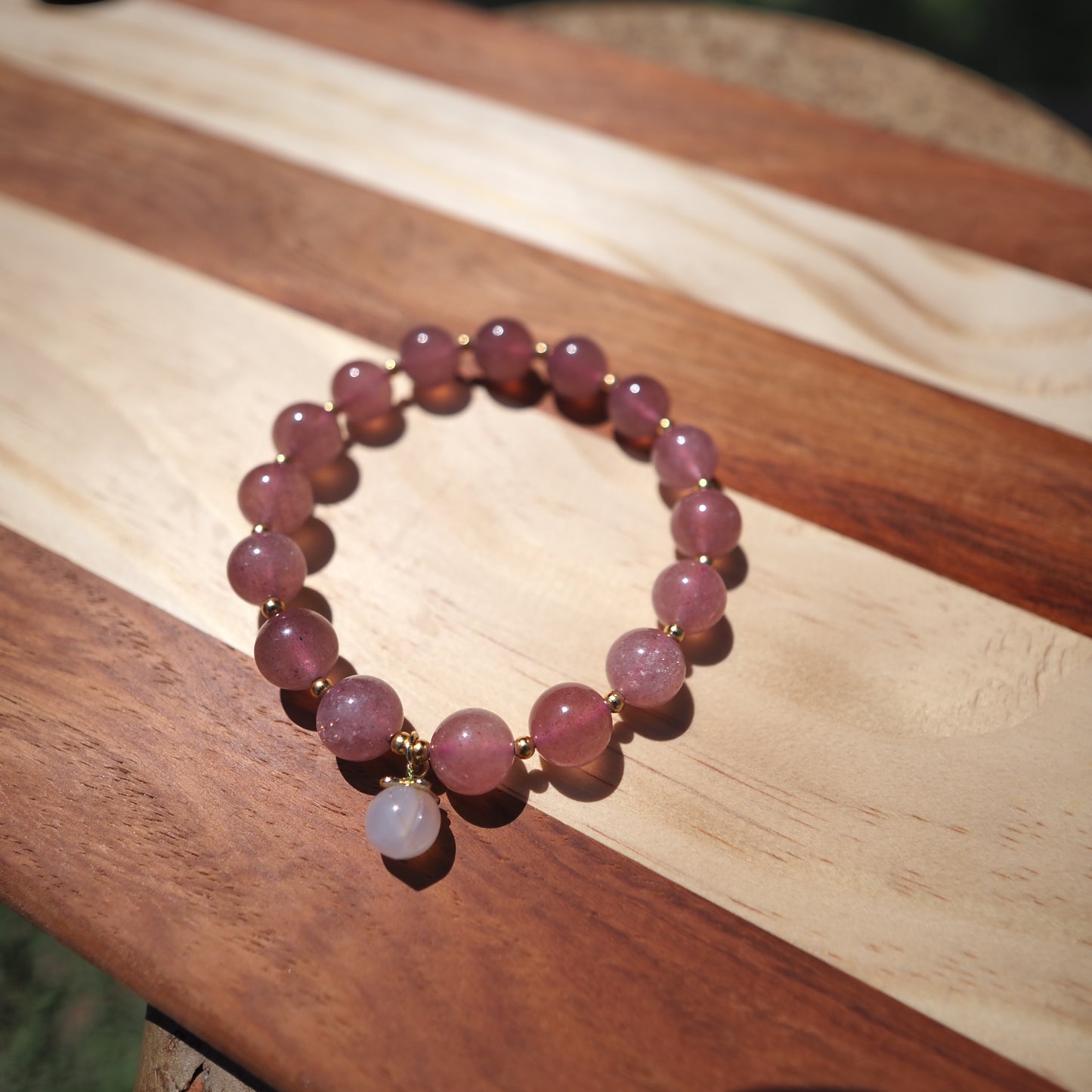 Natural Strawberry Quartz Crystal with Crimson Agate Peach Charm Bracelet 11mm