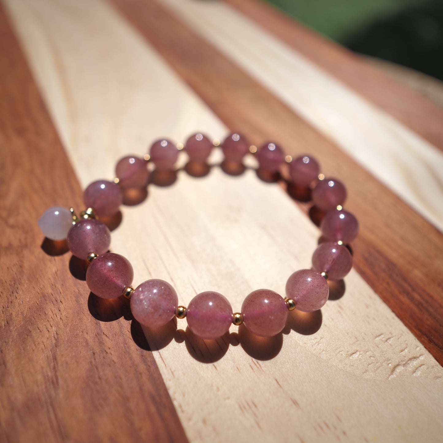 Natural Strawberry Quartz Crystal with Crimson Agate Peach Charm Bracelet 11mm